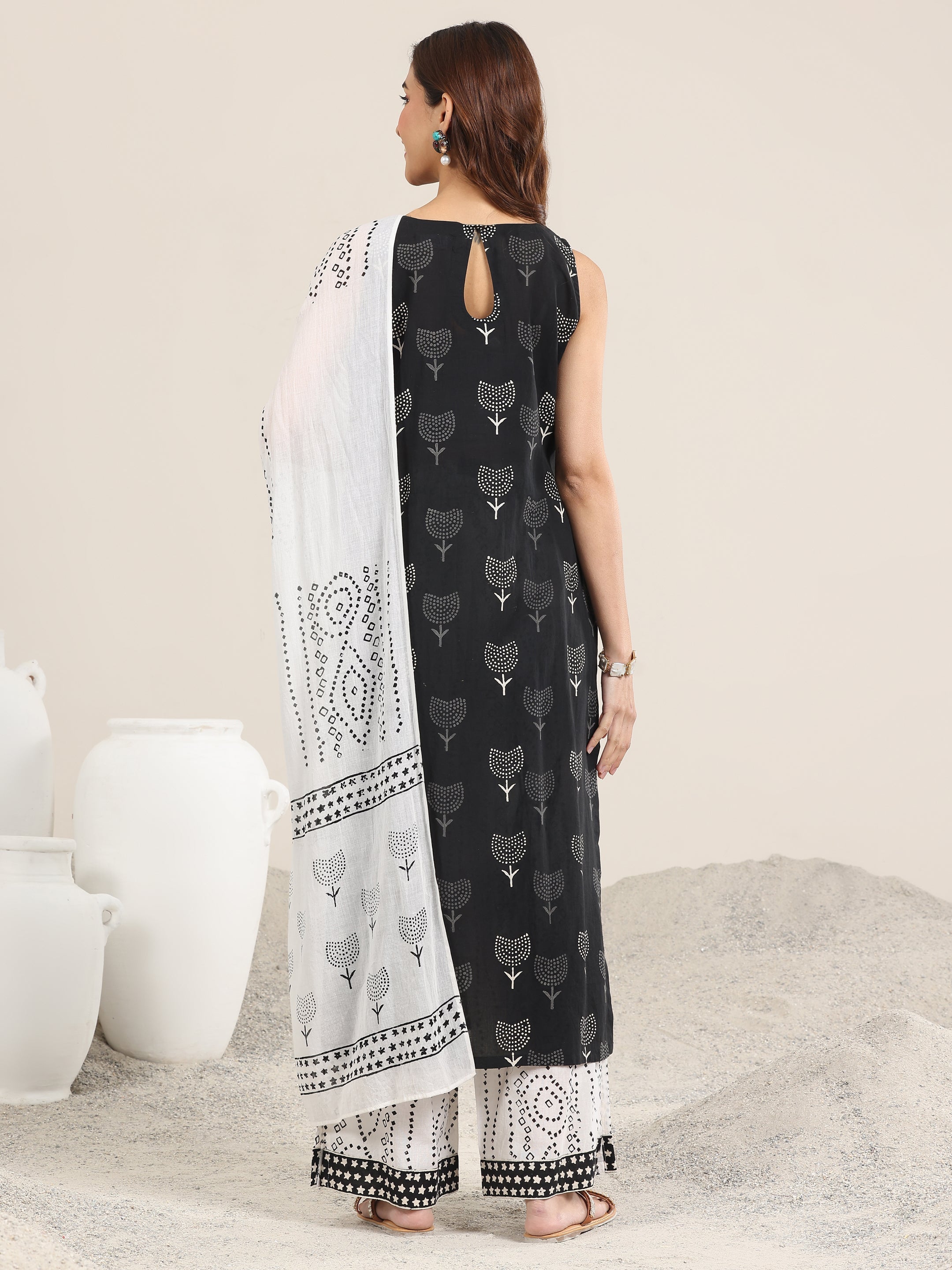 Black Printed Cotton Straight Suit With Dupatta