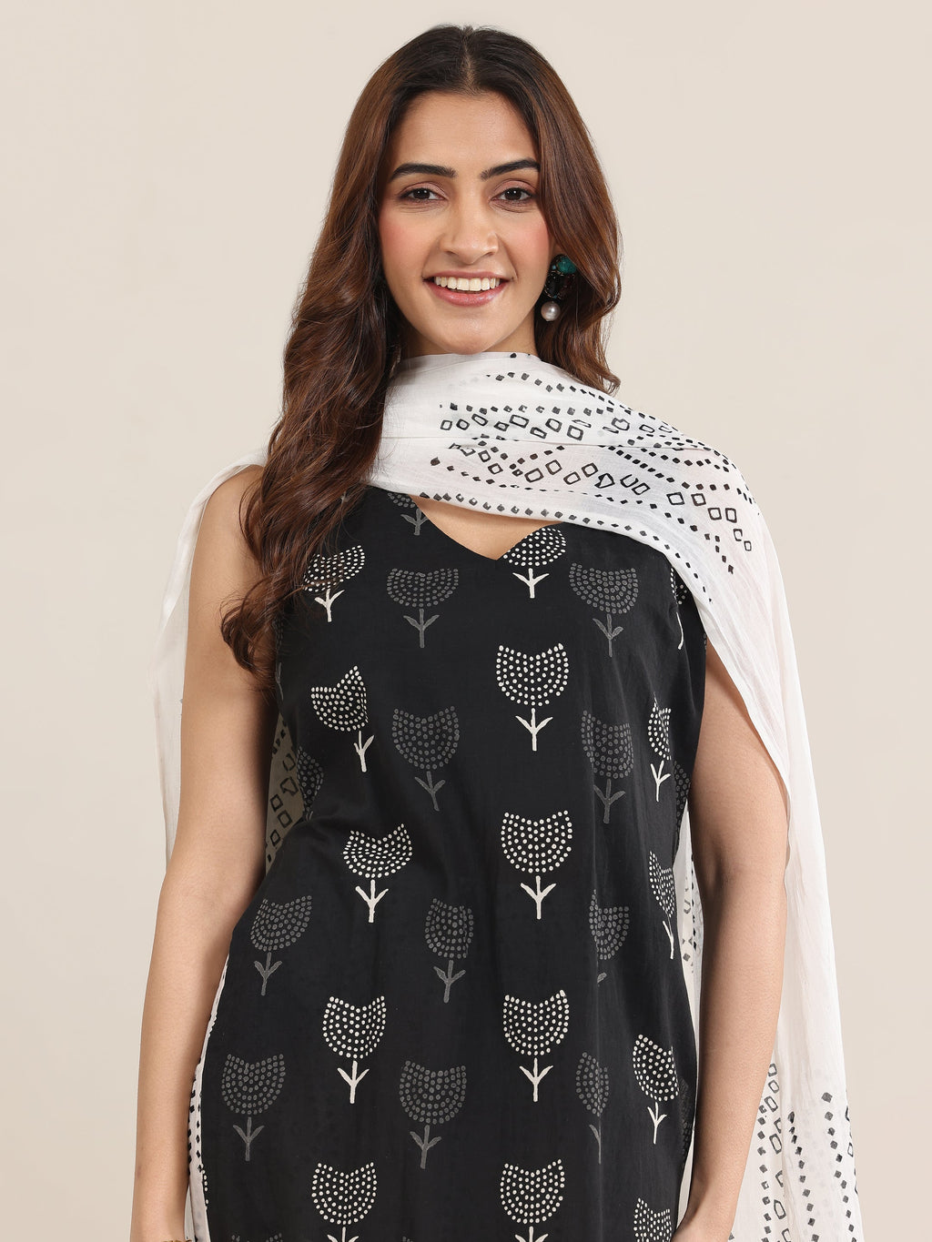 Black Printed Cotton Straight Suit With Dupatta