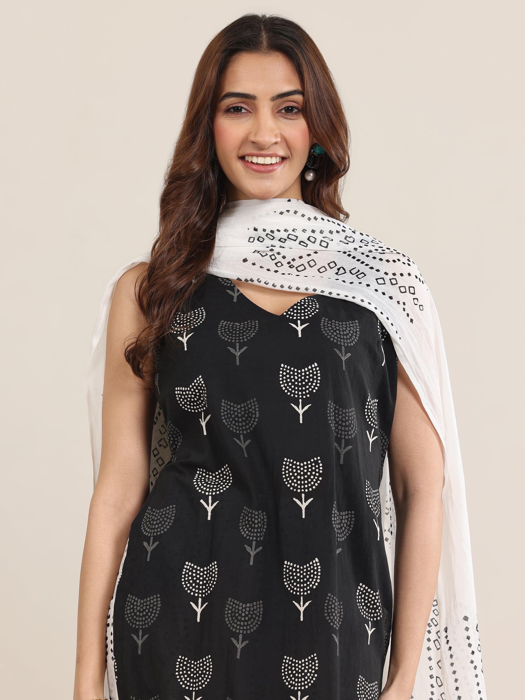 Black Printed Cotton Straight Suit With Dupatta