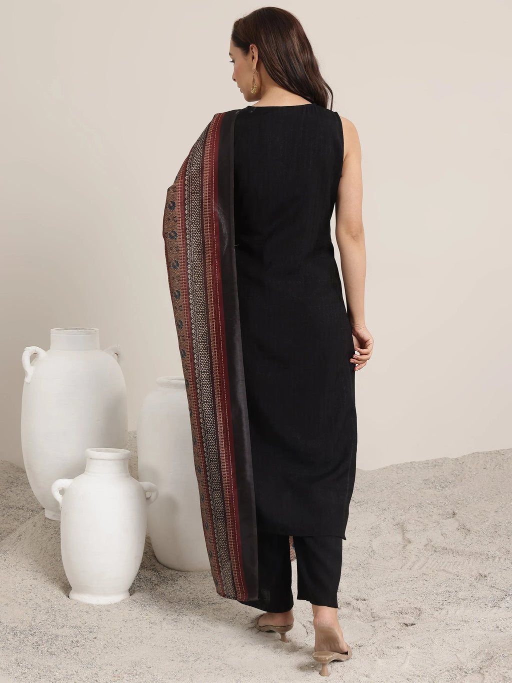 Black Woven Design Silk Blend Straight Suit Set With Dupatta