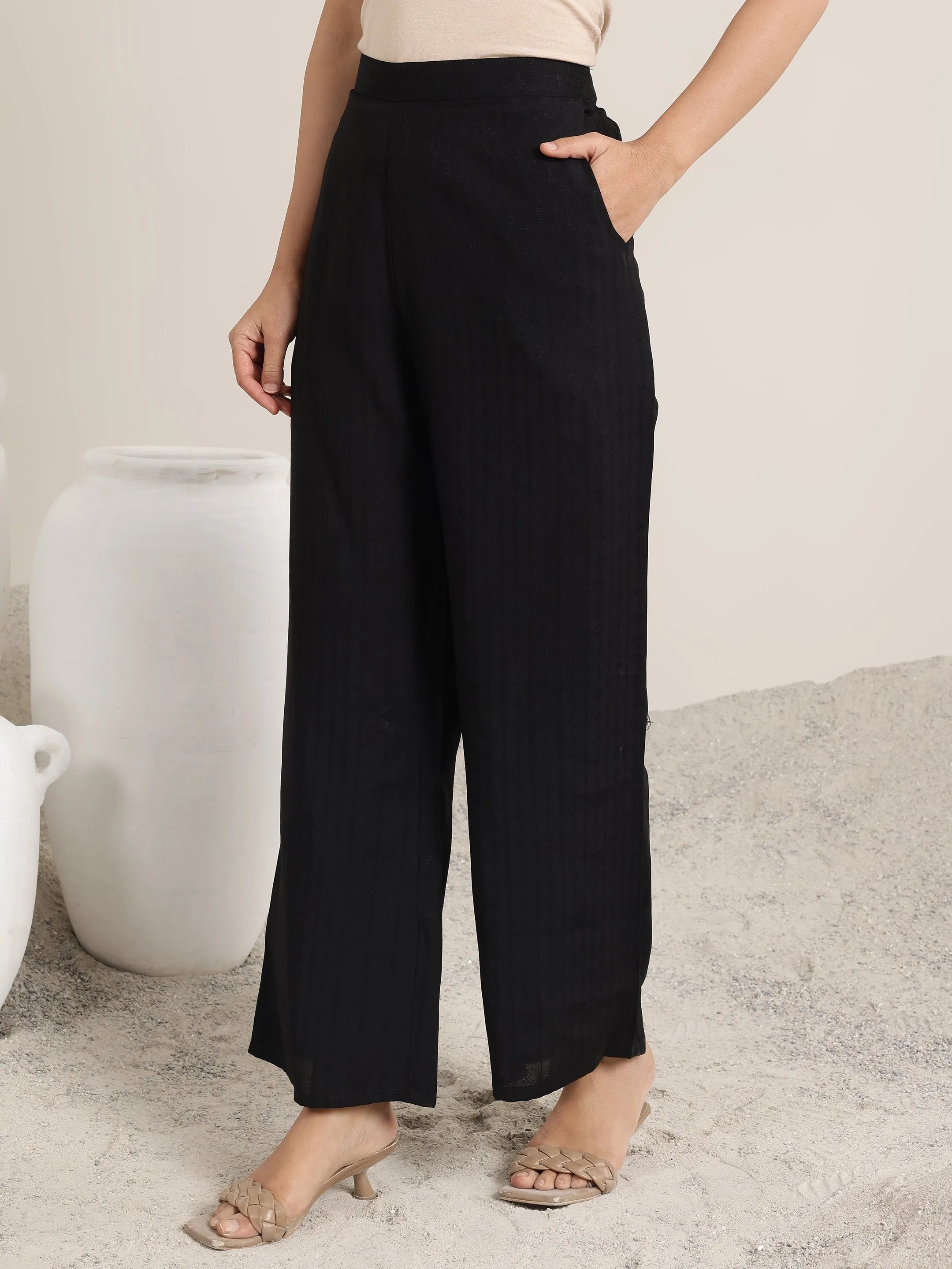 Black Woven Design Silk Blend Straight Suit Set With Dupatta