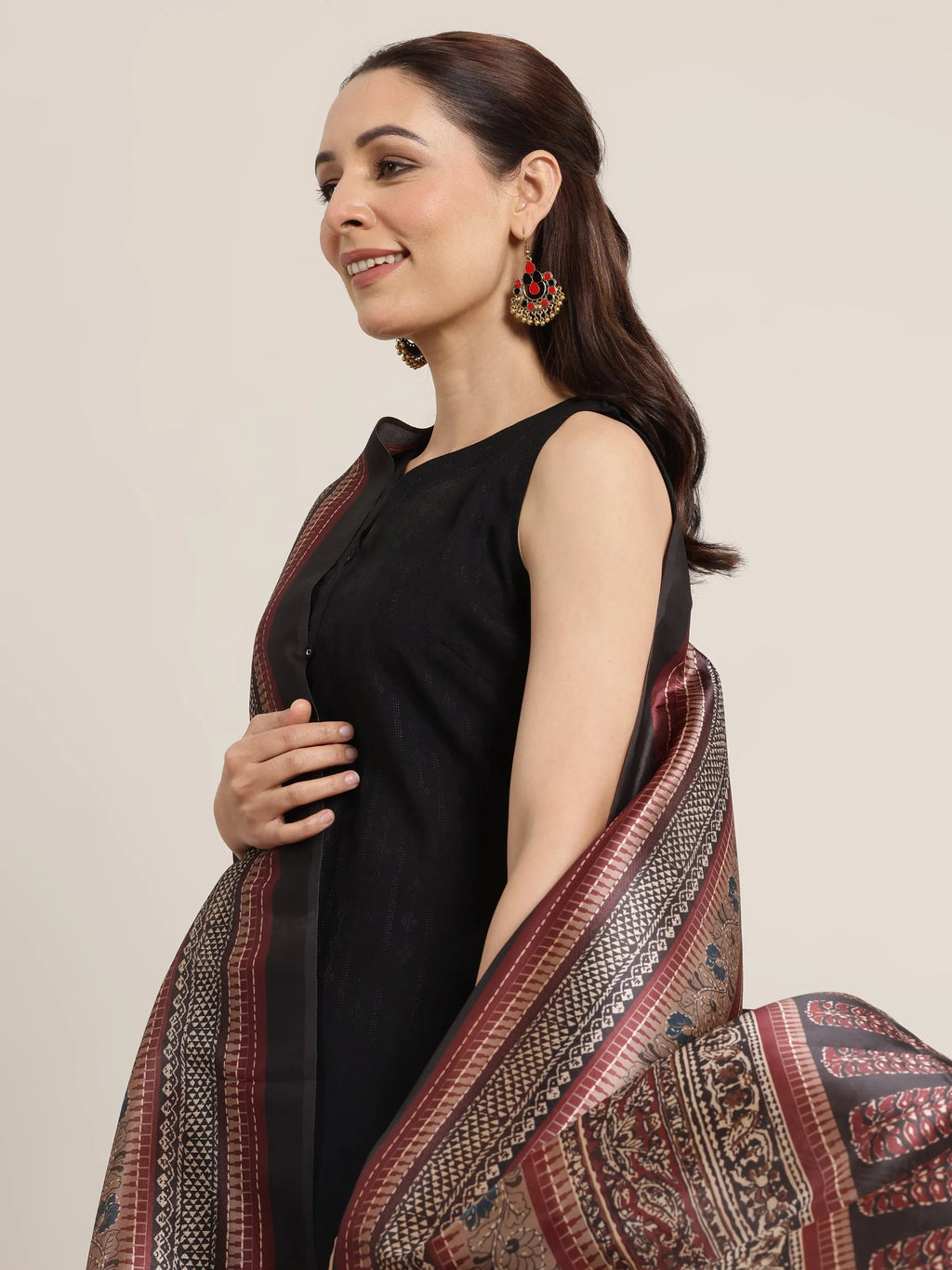 Black Woven Design Silk Blend Straight Suit Set With Dupatta