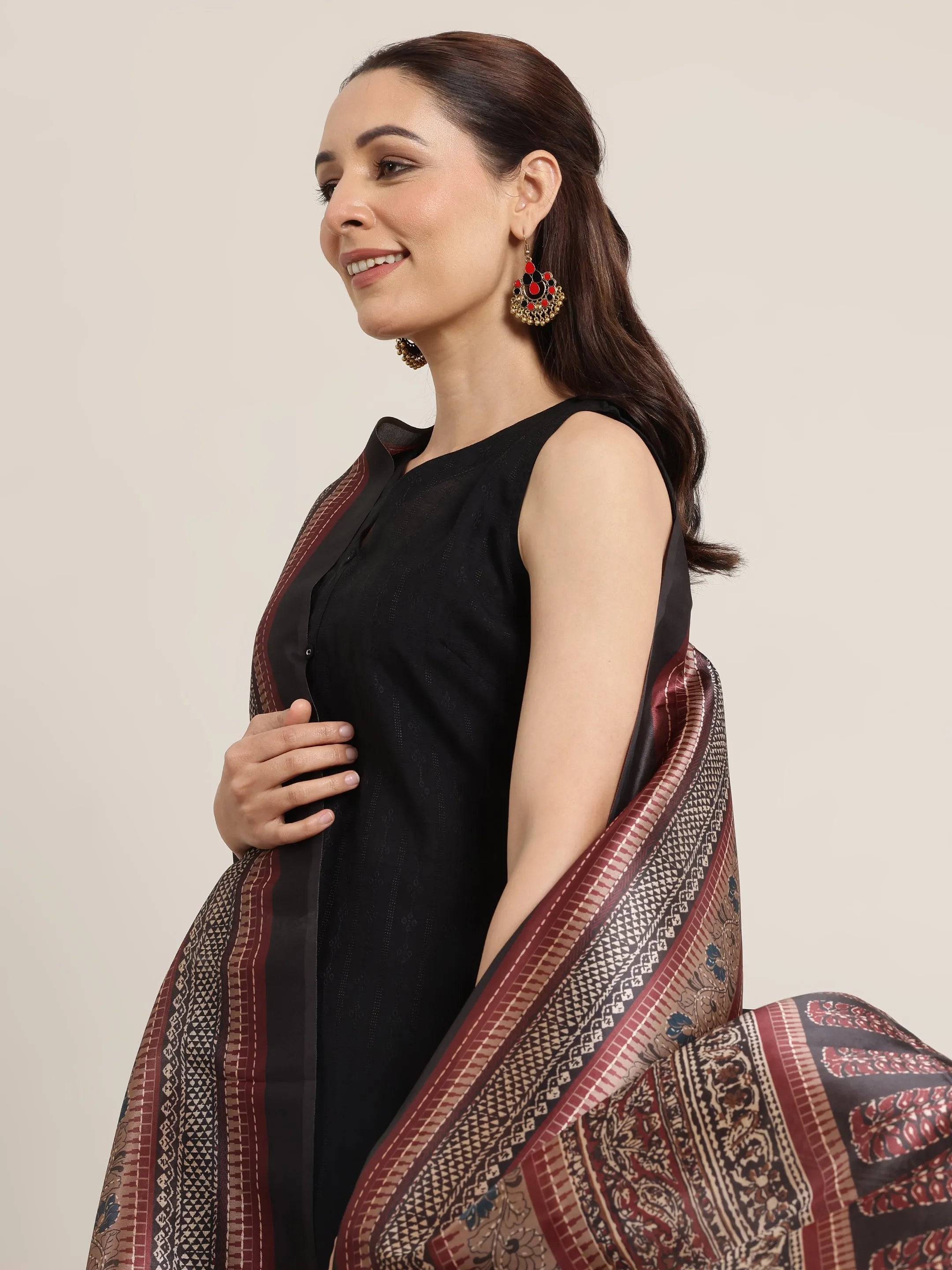 Black Woven Design Silk Blend Straight Suit Set With Dupatta