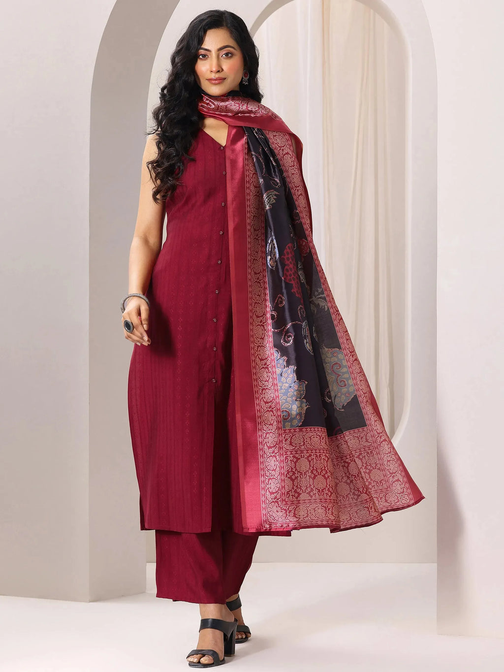 Maroon Woven Design Silk Blend Straight Suit Set With Dupatta