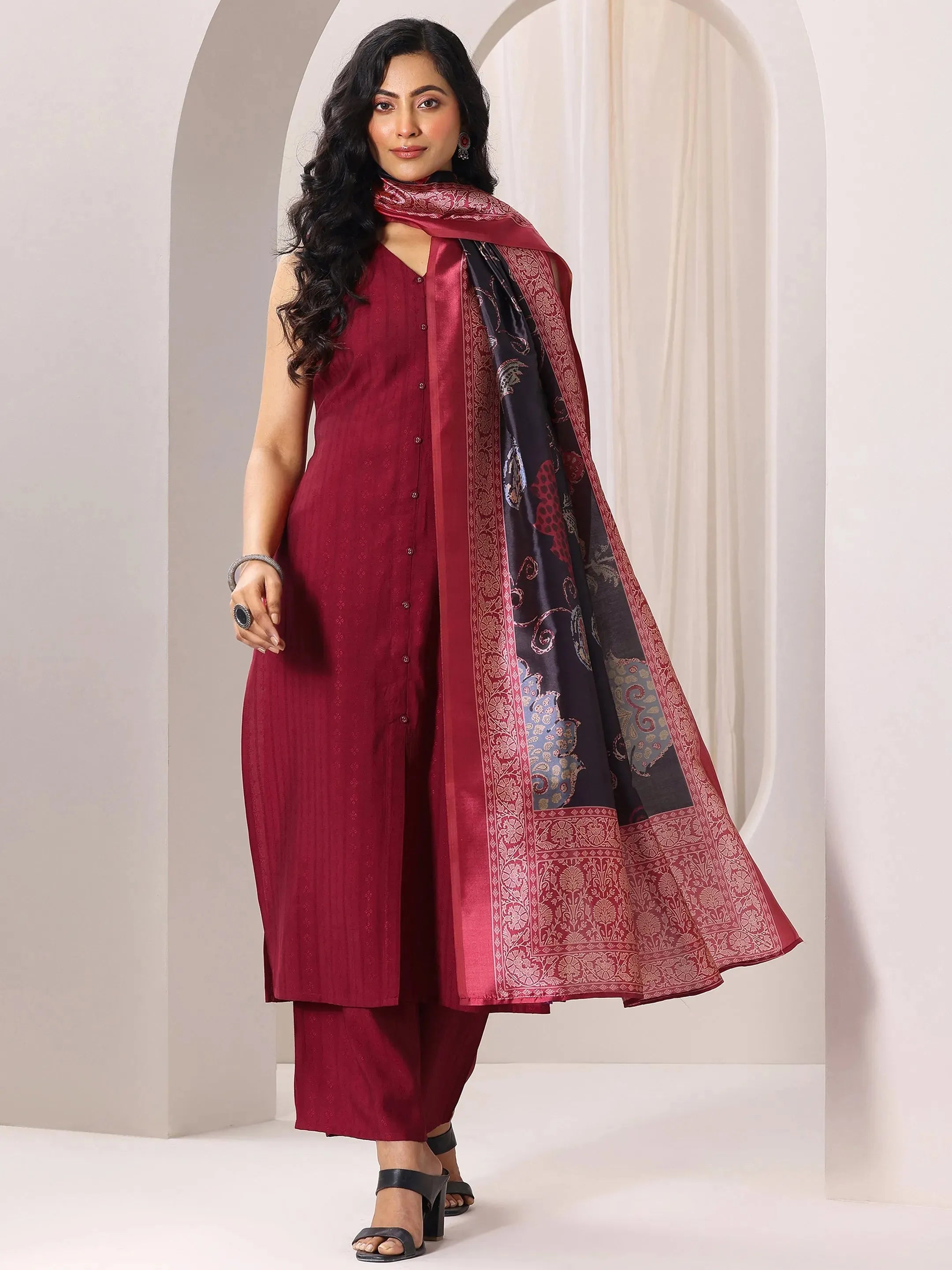 Maroon Woven Design Silk Blend Straight Suit Set With Dupatta