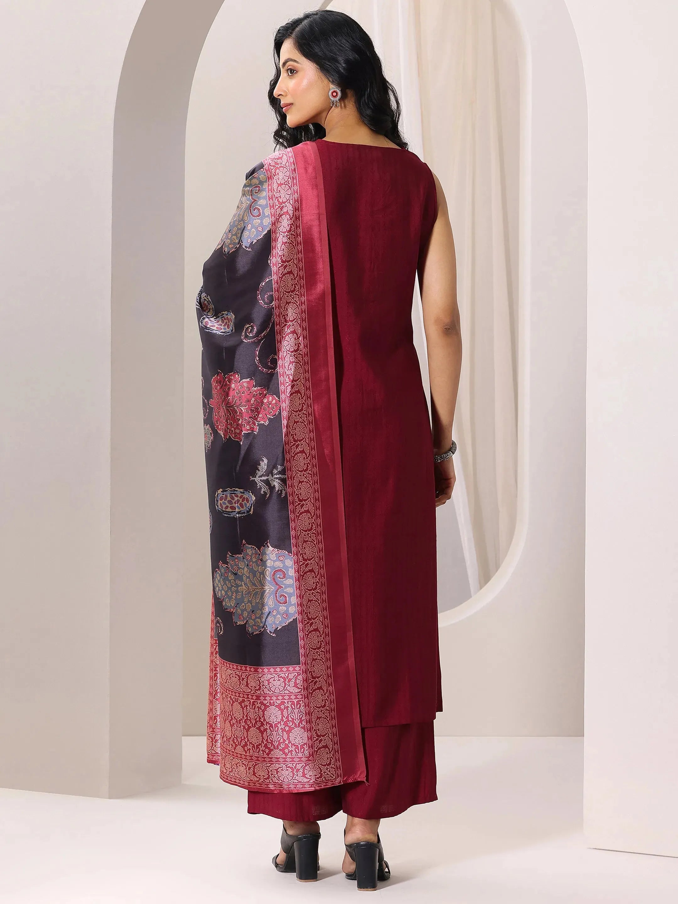 Maroon Woven Design Silk Blend Straight Suit Set With Dupatta