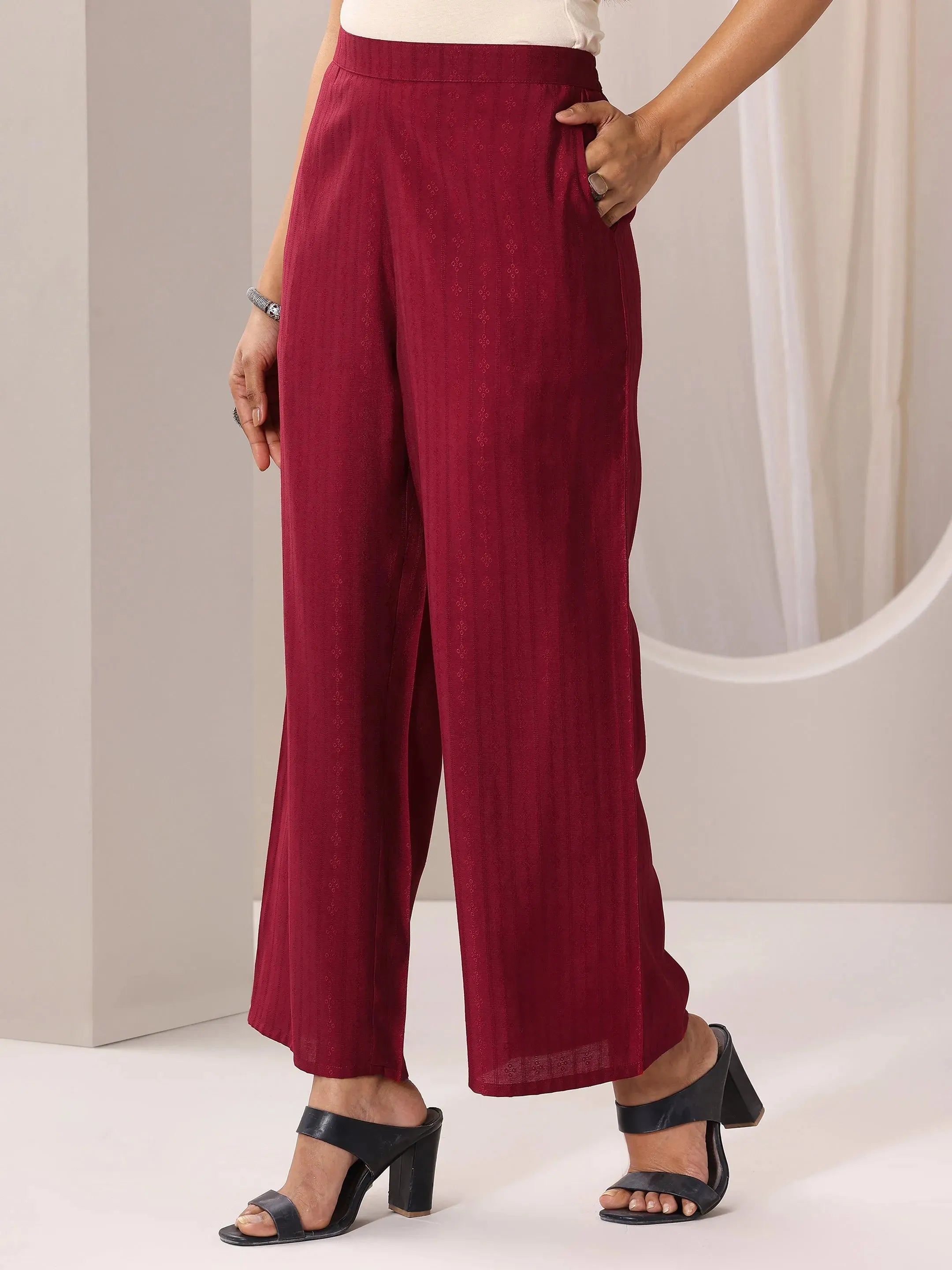 Maroon Woven Design Silk Blend Straight Suit Set With Dupatta