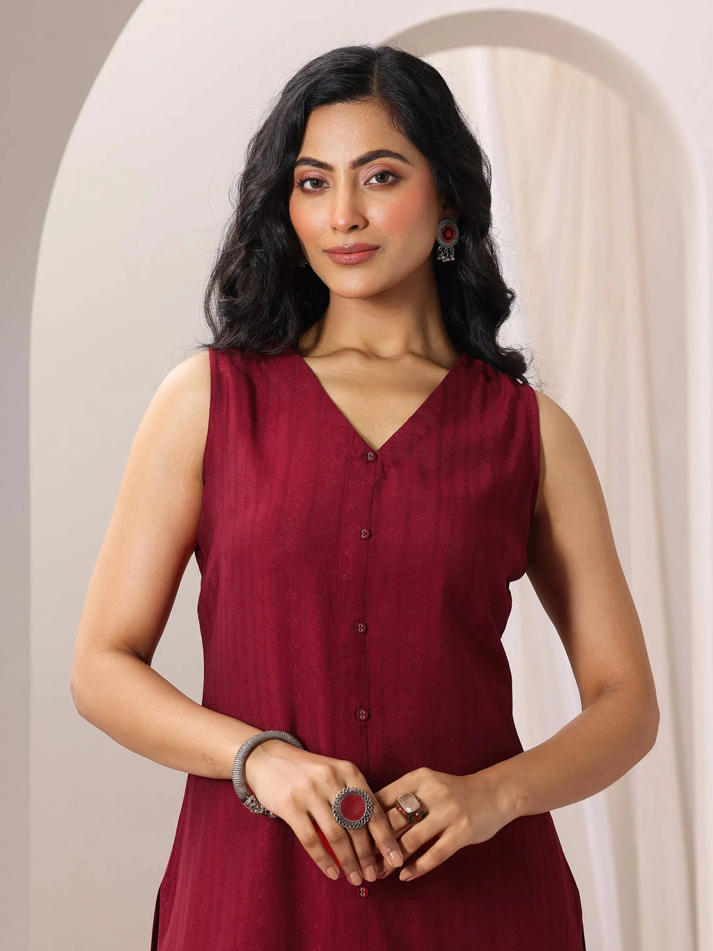 Maroon Woven Design Silk Blend Straight Suit Set With Dupatta