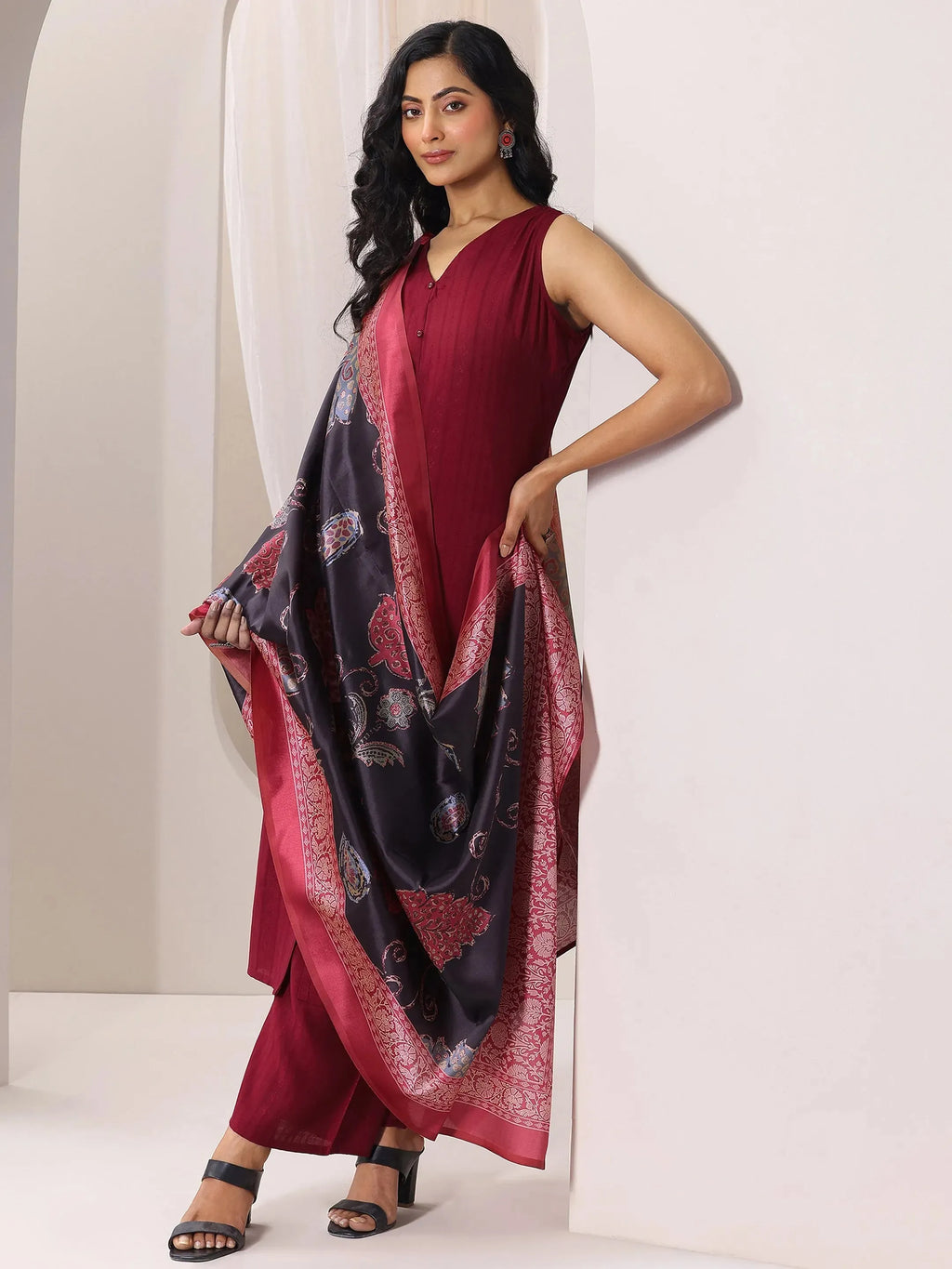 Maroon Woven Design Silk Blend Straight Suit Set With Dupatta