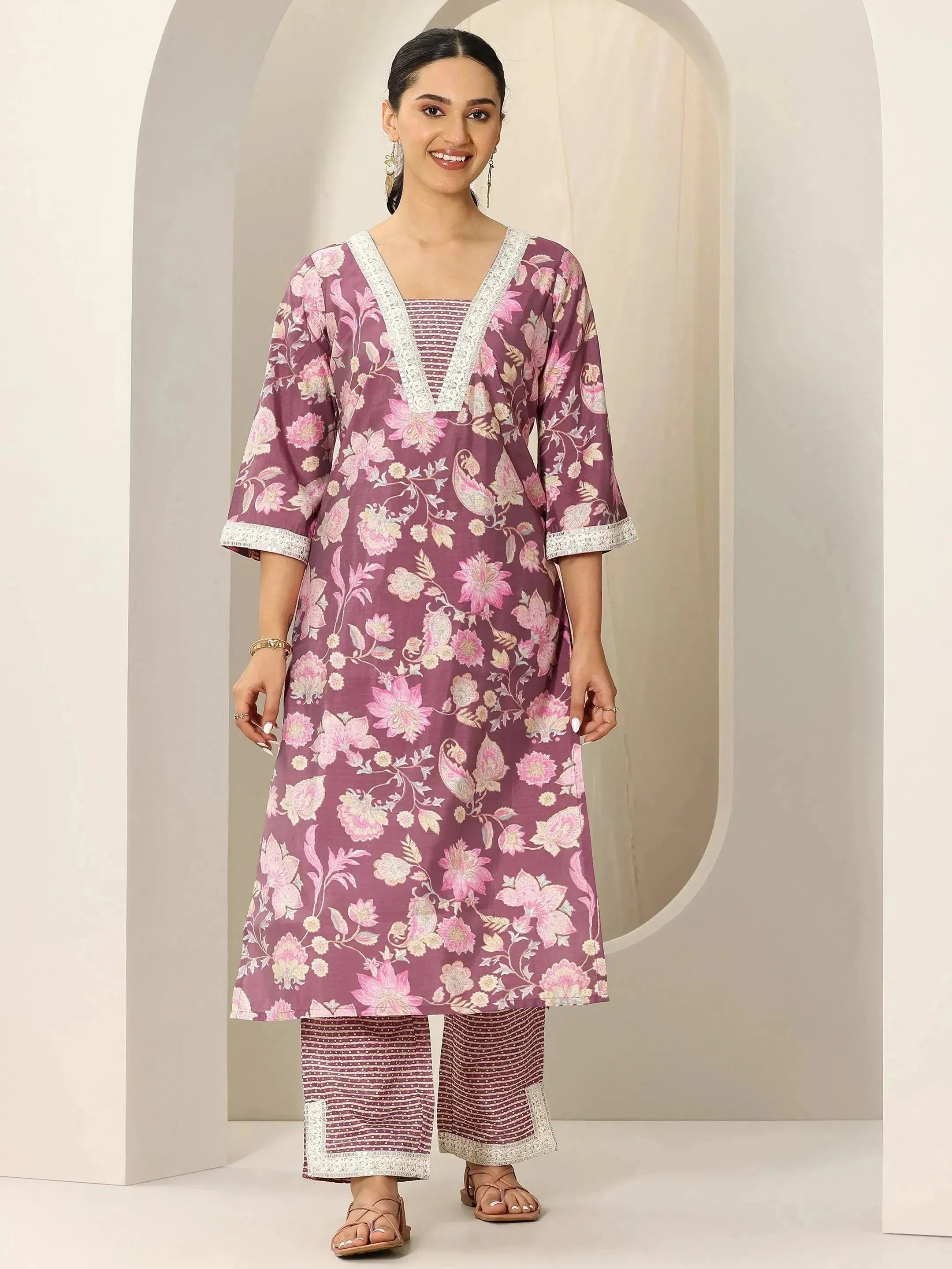 Mauve Printed Silk Blend Straight Kurta Set