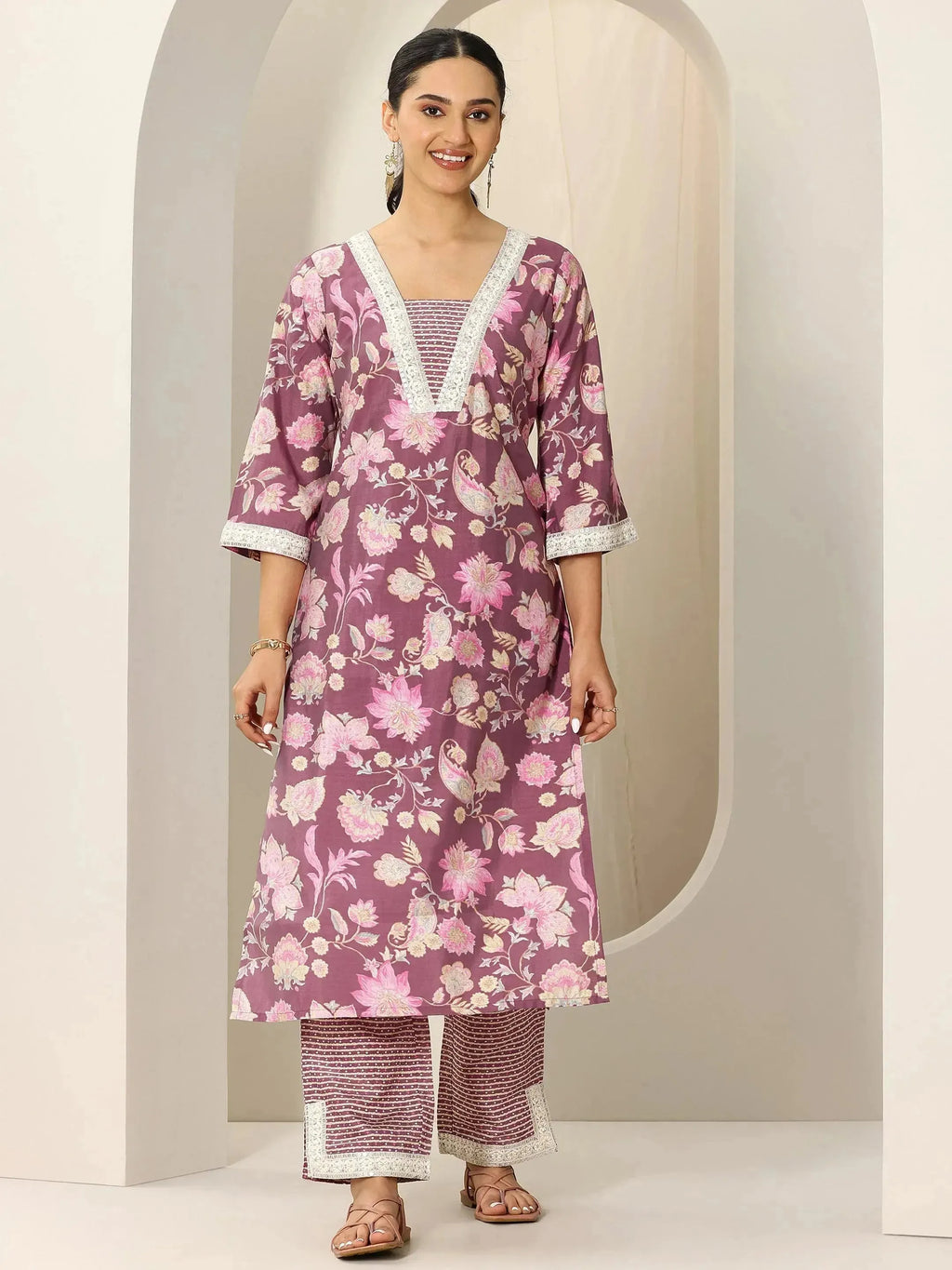 Mauve Printed Silk Blend Straight Kurta Set