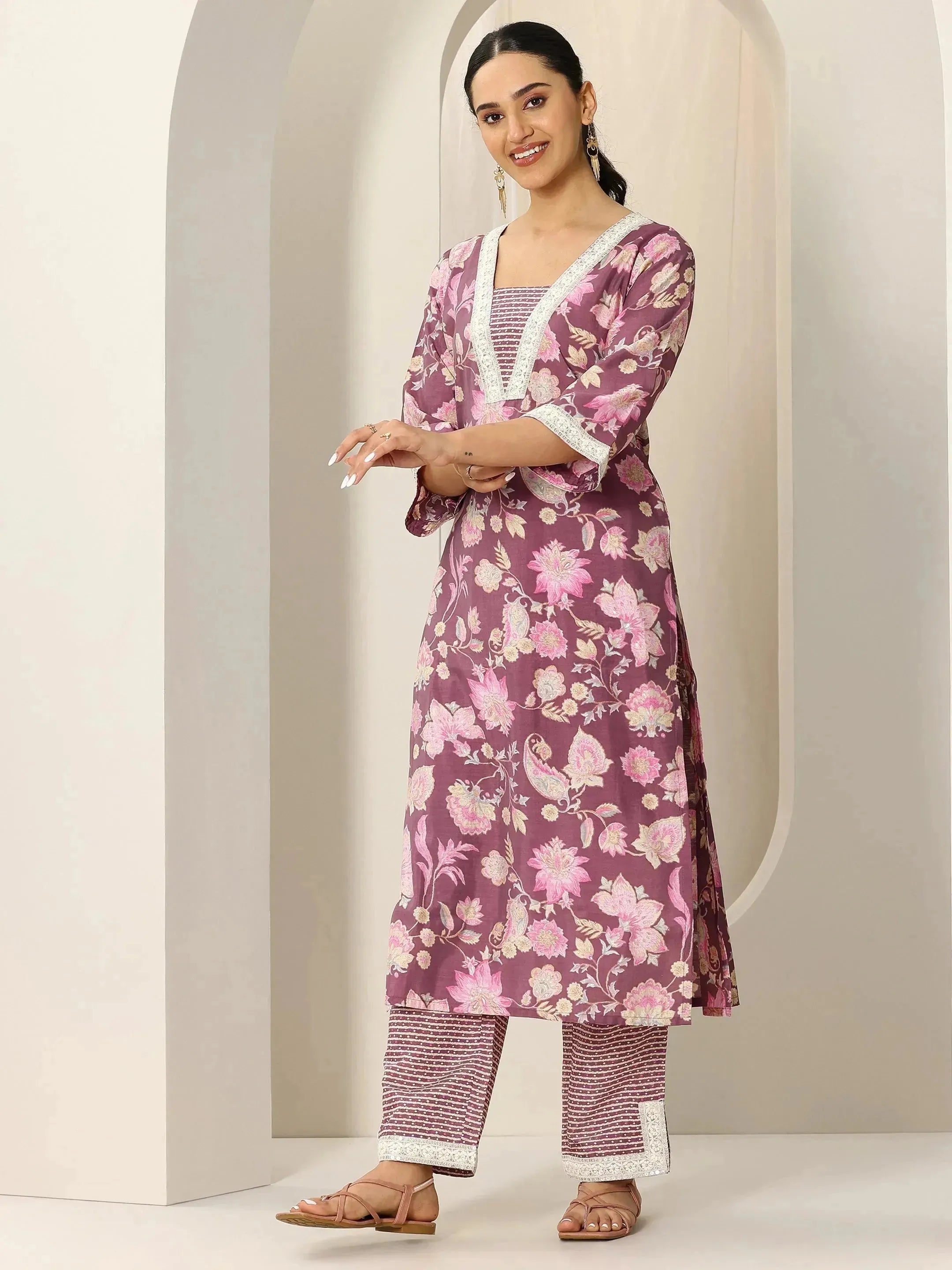 Mauve Printed Silk Blend Straight Kurta Set