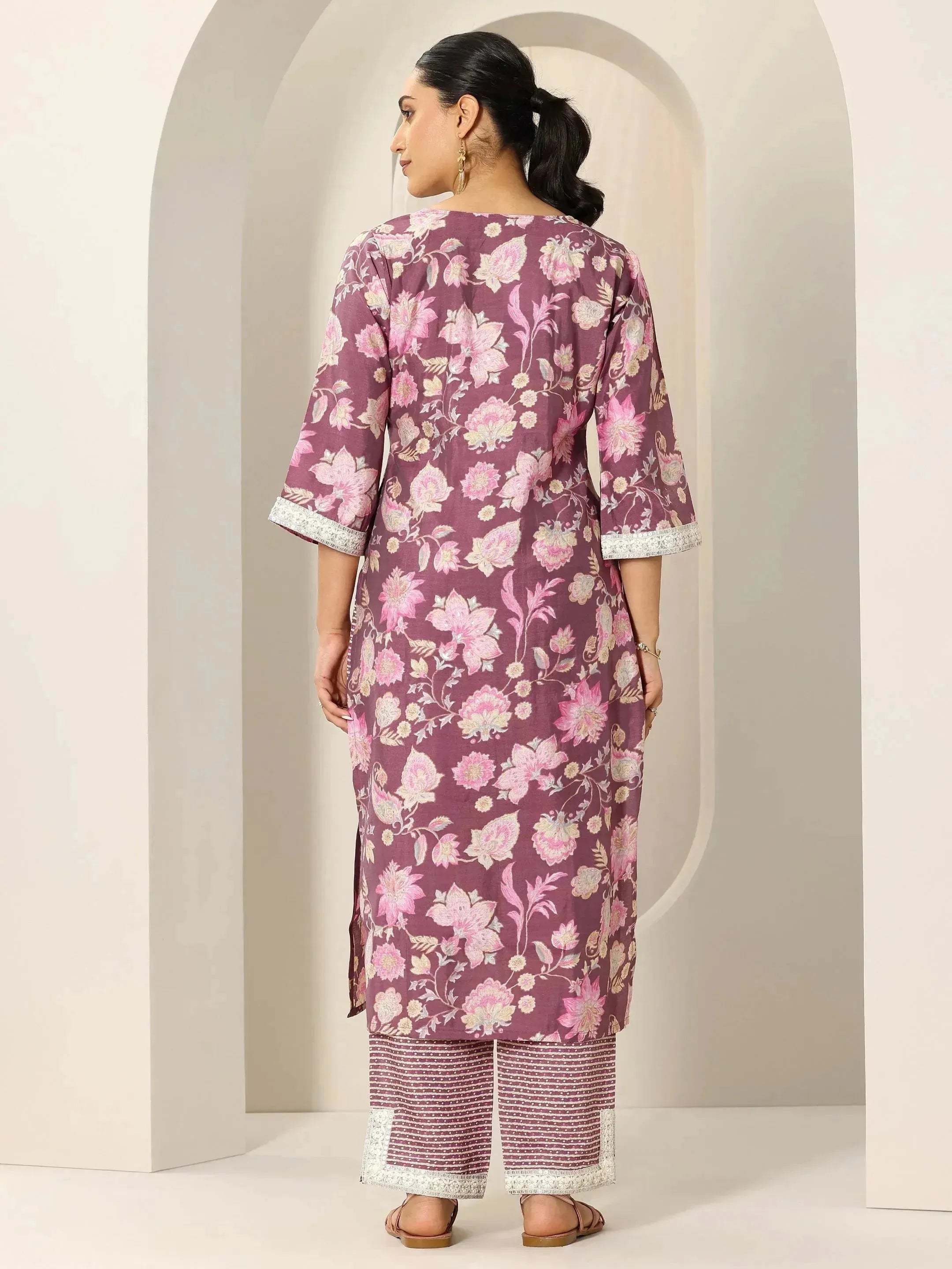 Mauve Printed Silk Blend Straight Kurta Set