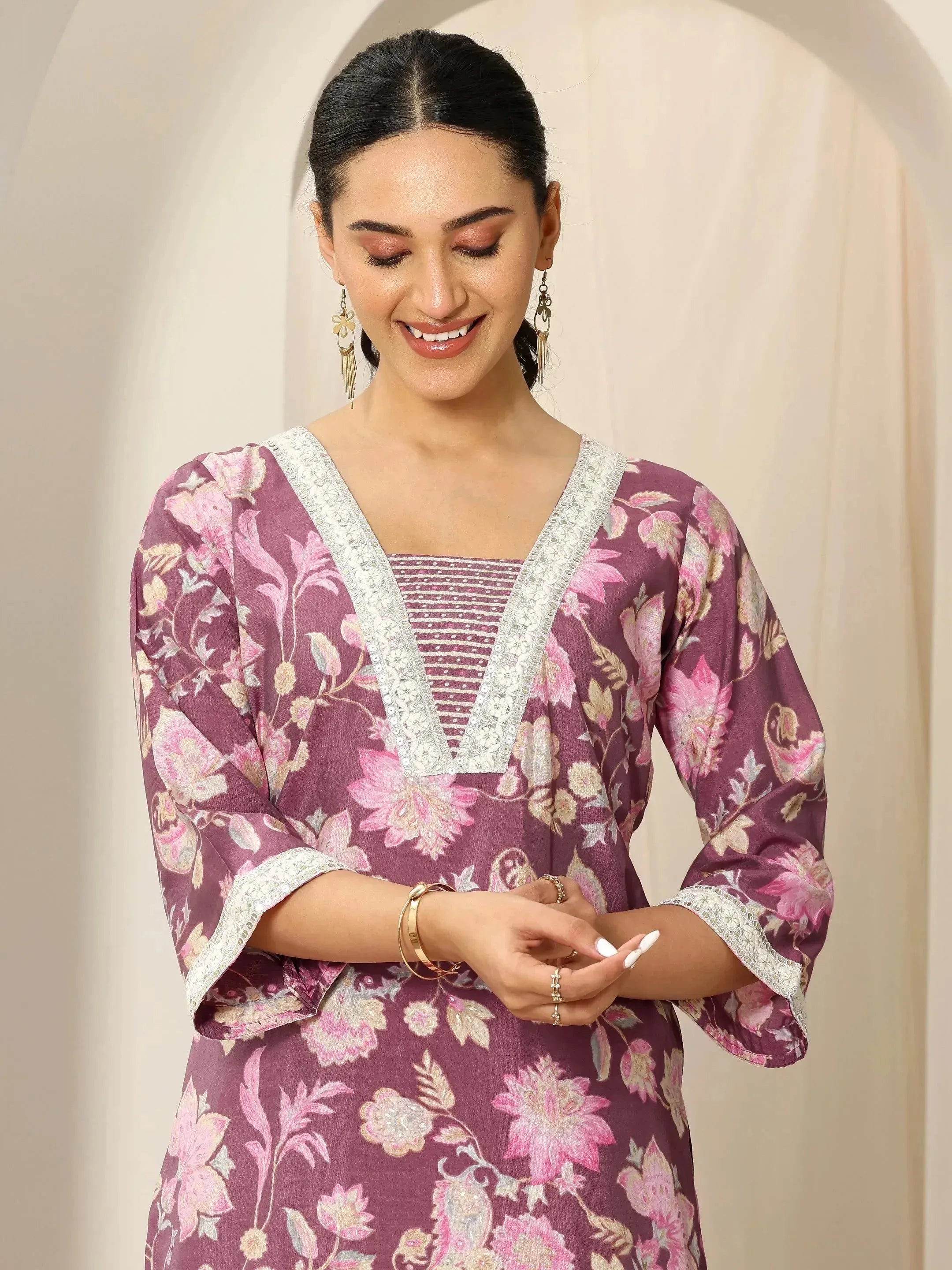 Mauve Printed Silk Blend Straight Kurta Set