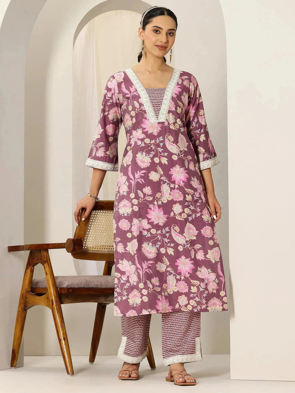 Mauve Printed Silk Blend Straight Kurta Set