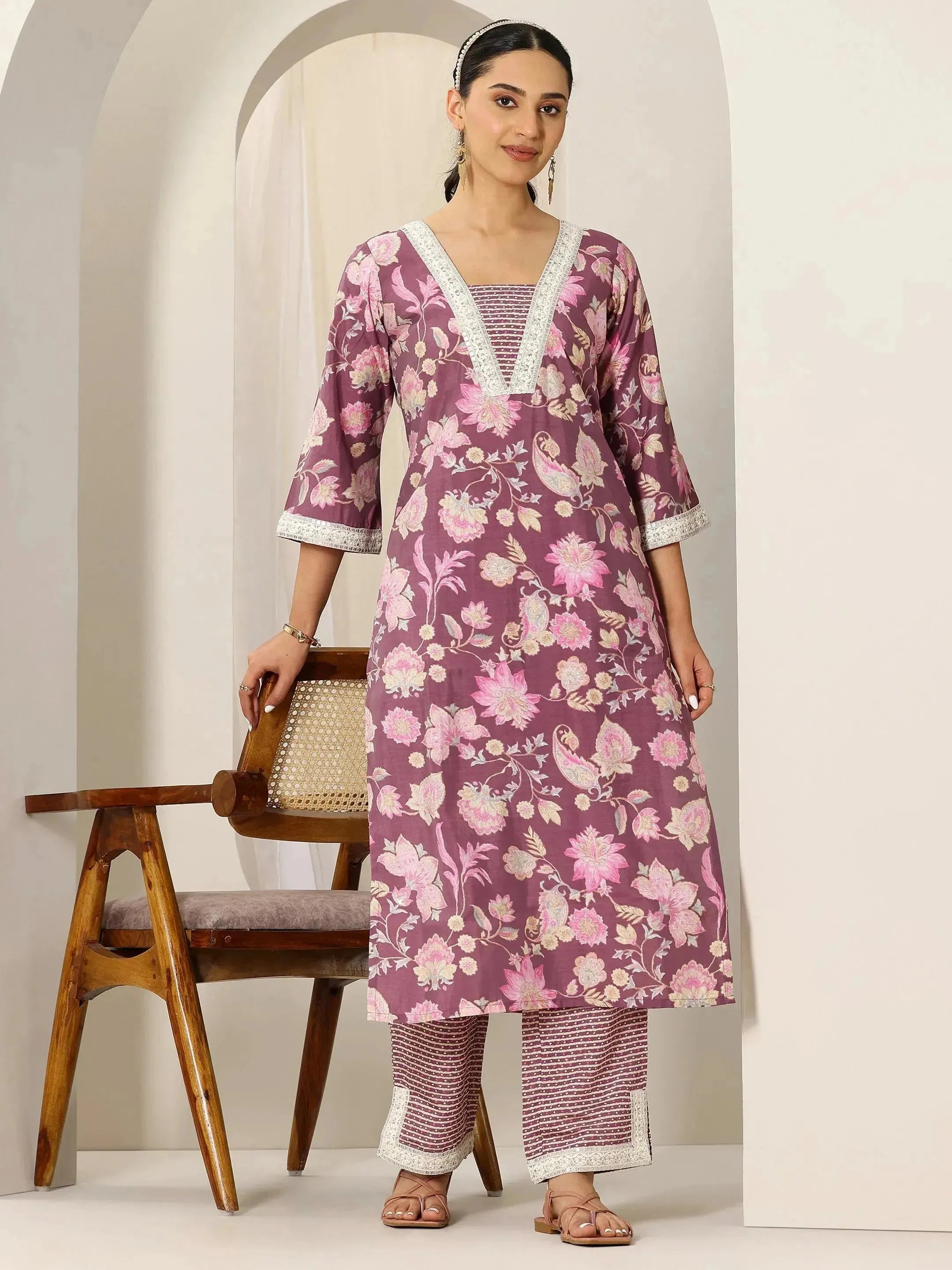 Mauve Printed Silk Blend Straight Kurta Set
