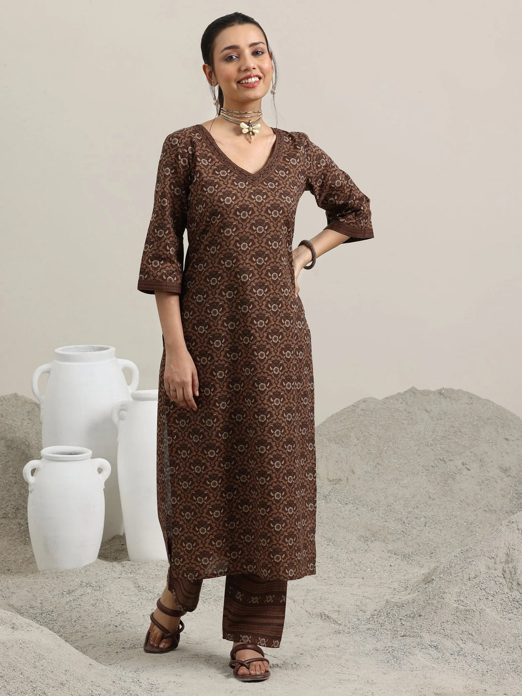 Brown Printed Cotton Straight Kurta With Trousers