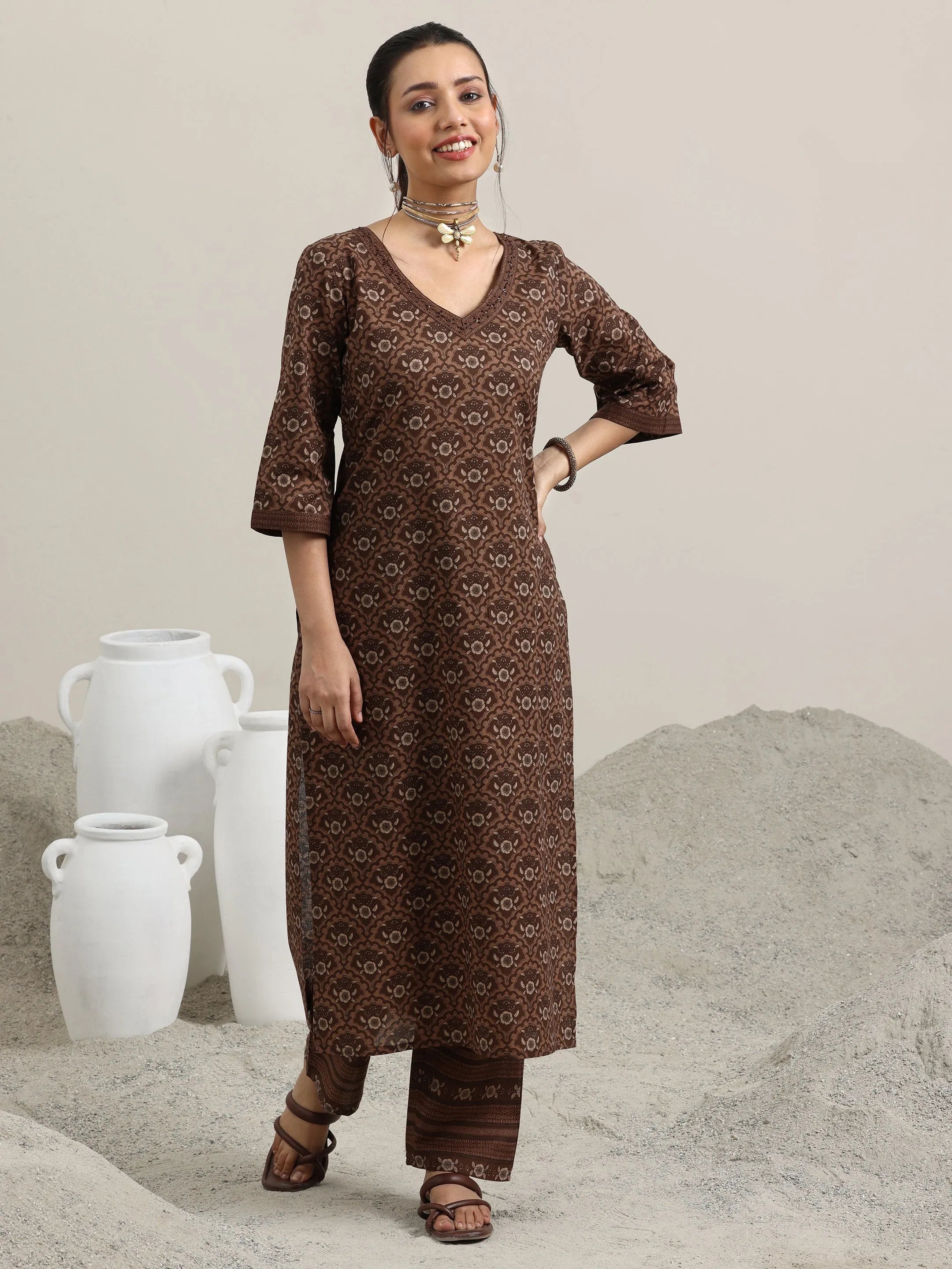 Brown Printed Cotton Straight Kurta With Trousers