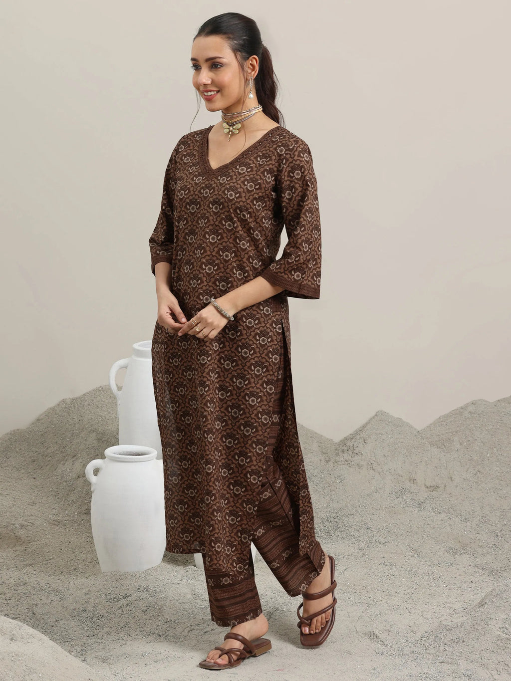 Brown Printed Cotton Straight Kurta With Trousers