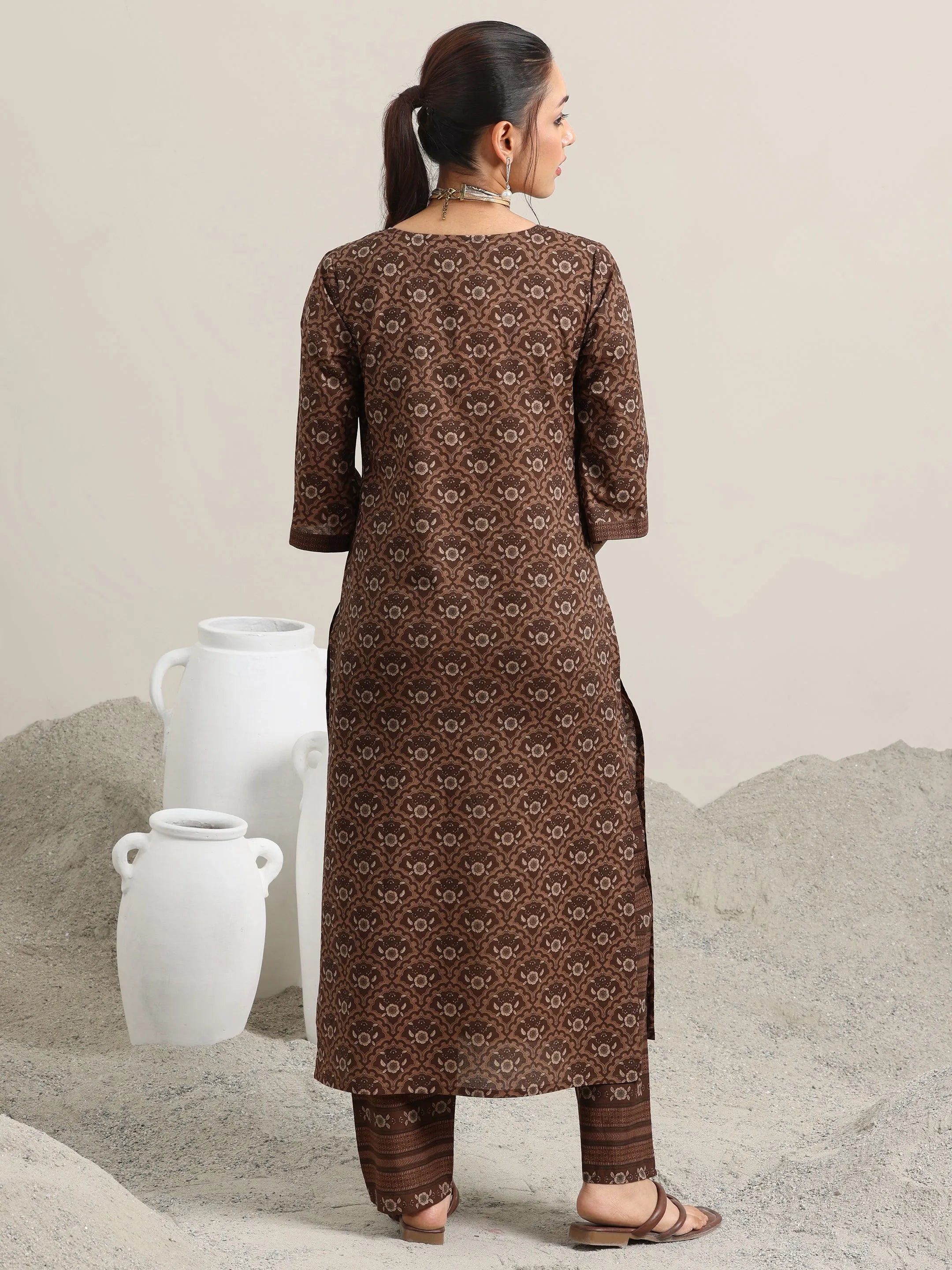 Brown Printed Cotton Straight Kurta With Trousers