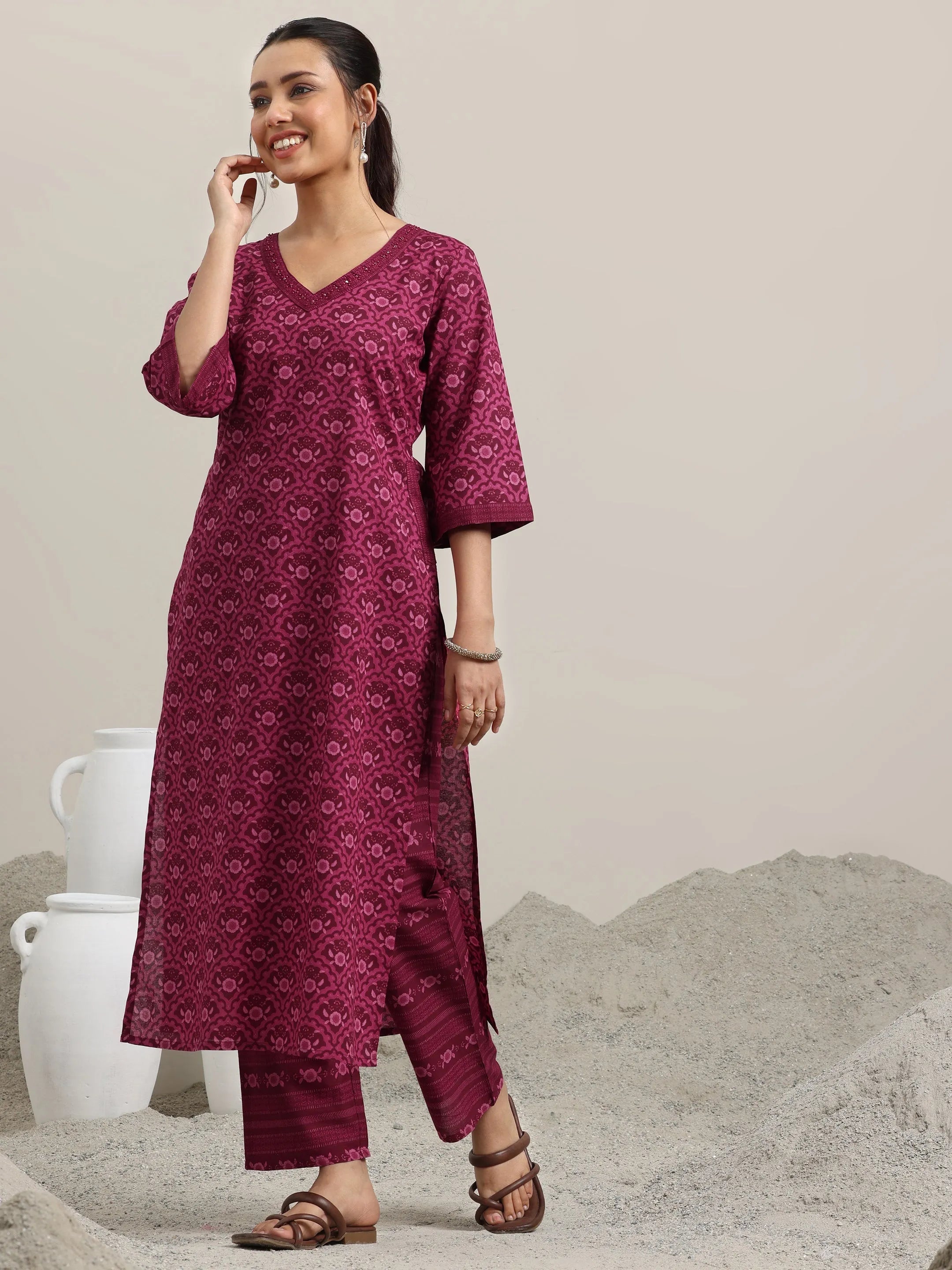 Burgundy Printed Cotton Straight Kurta With Trousers