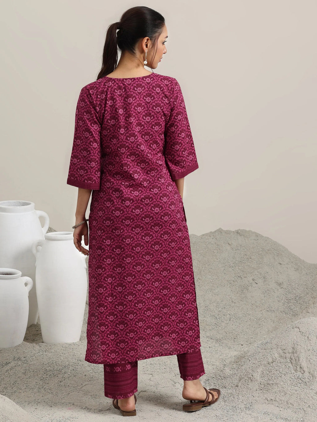 Burgundy Printed Cotton Straight Kurta With Trousers