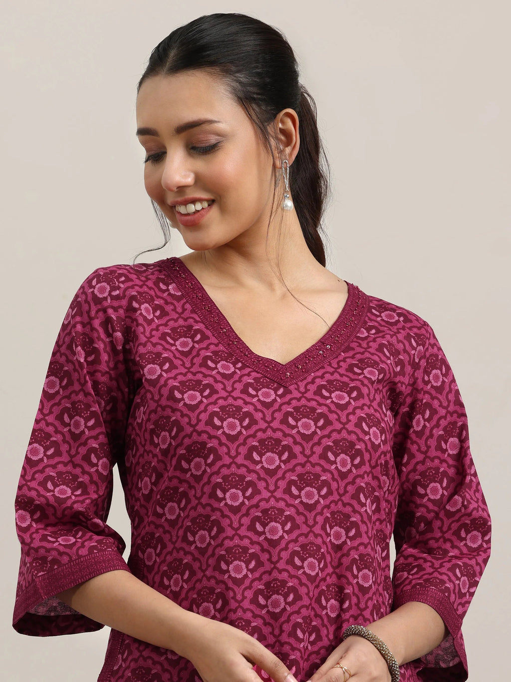 Burgundy Printed Cotton Straight Kurta With Trousers