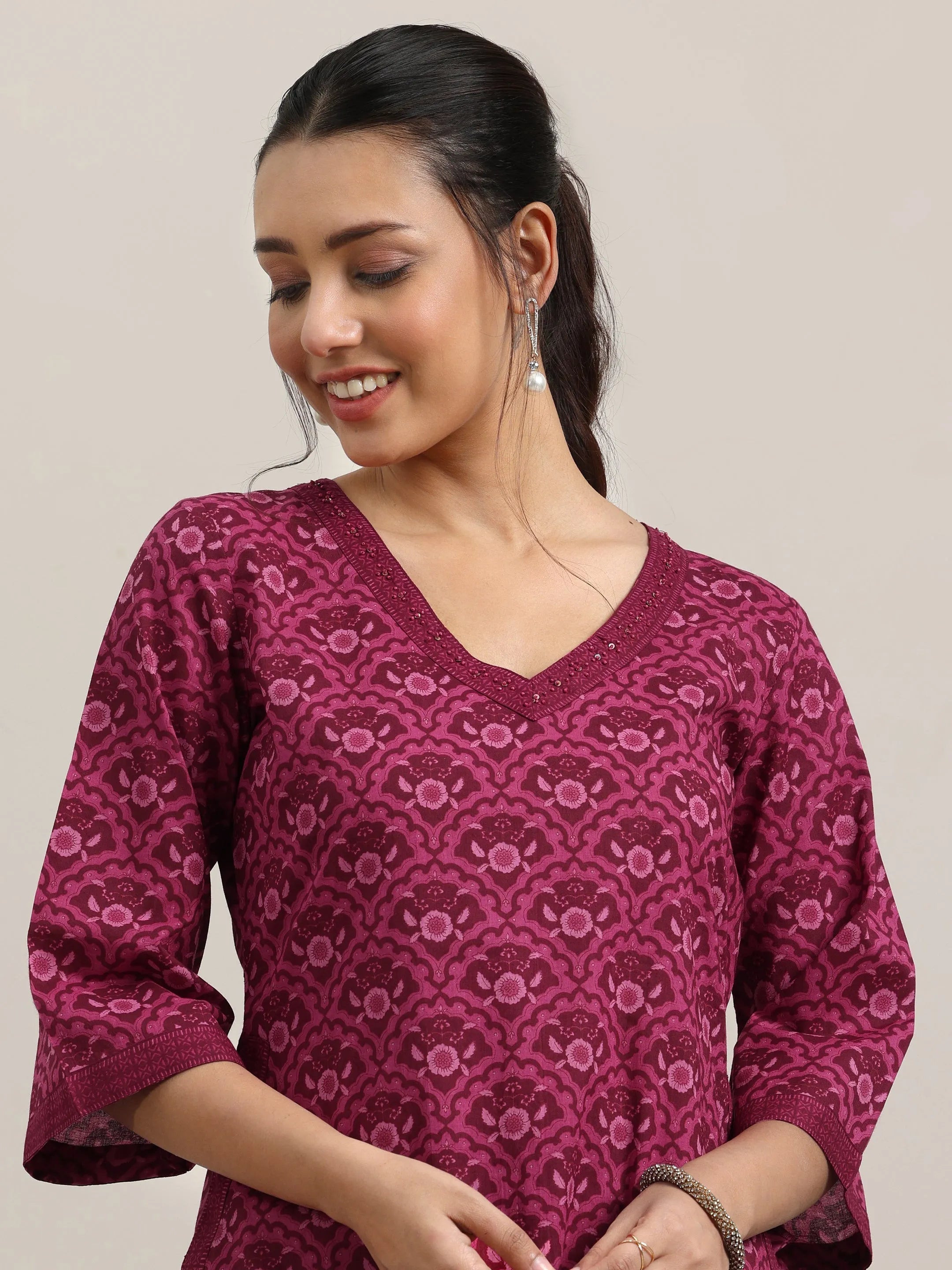 Burgundy Printed Cotton Straight Kurta With Trousers