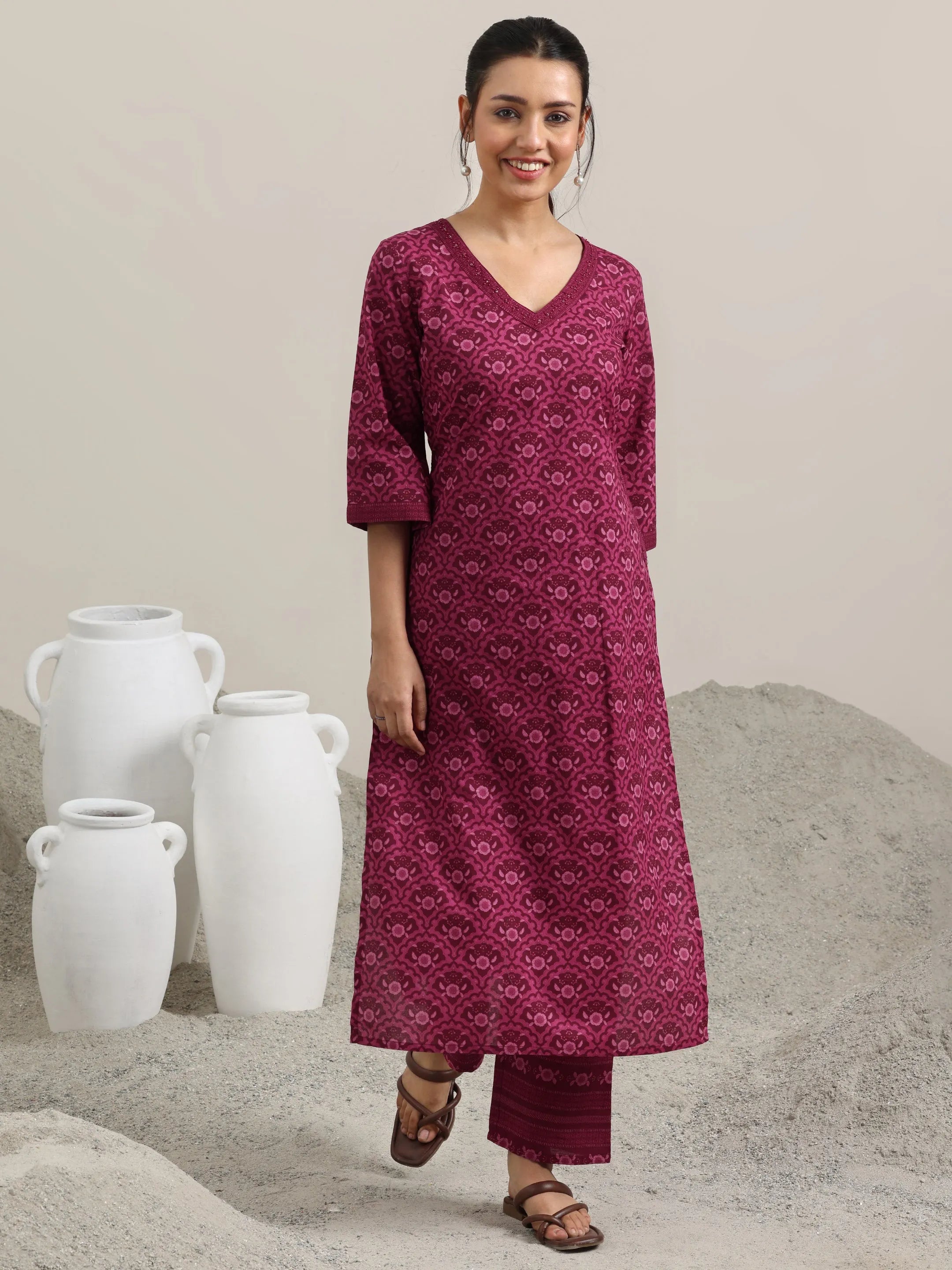 Burgundy Printed Cotton Straight Kurta With Trousers