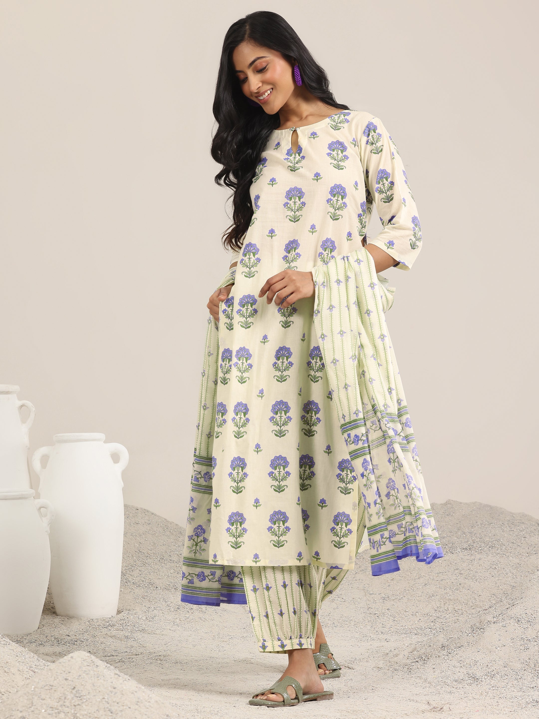 Off White Printed Cotton Straight Suit Set With Dupatta
