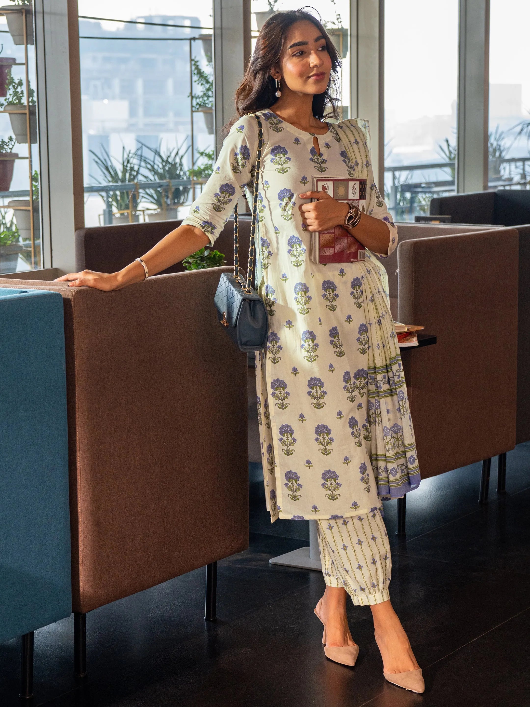 Off White Printed Cotton Straight Suit Set With Dupatta