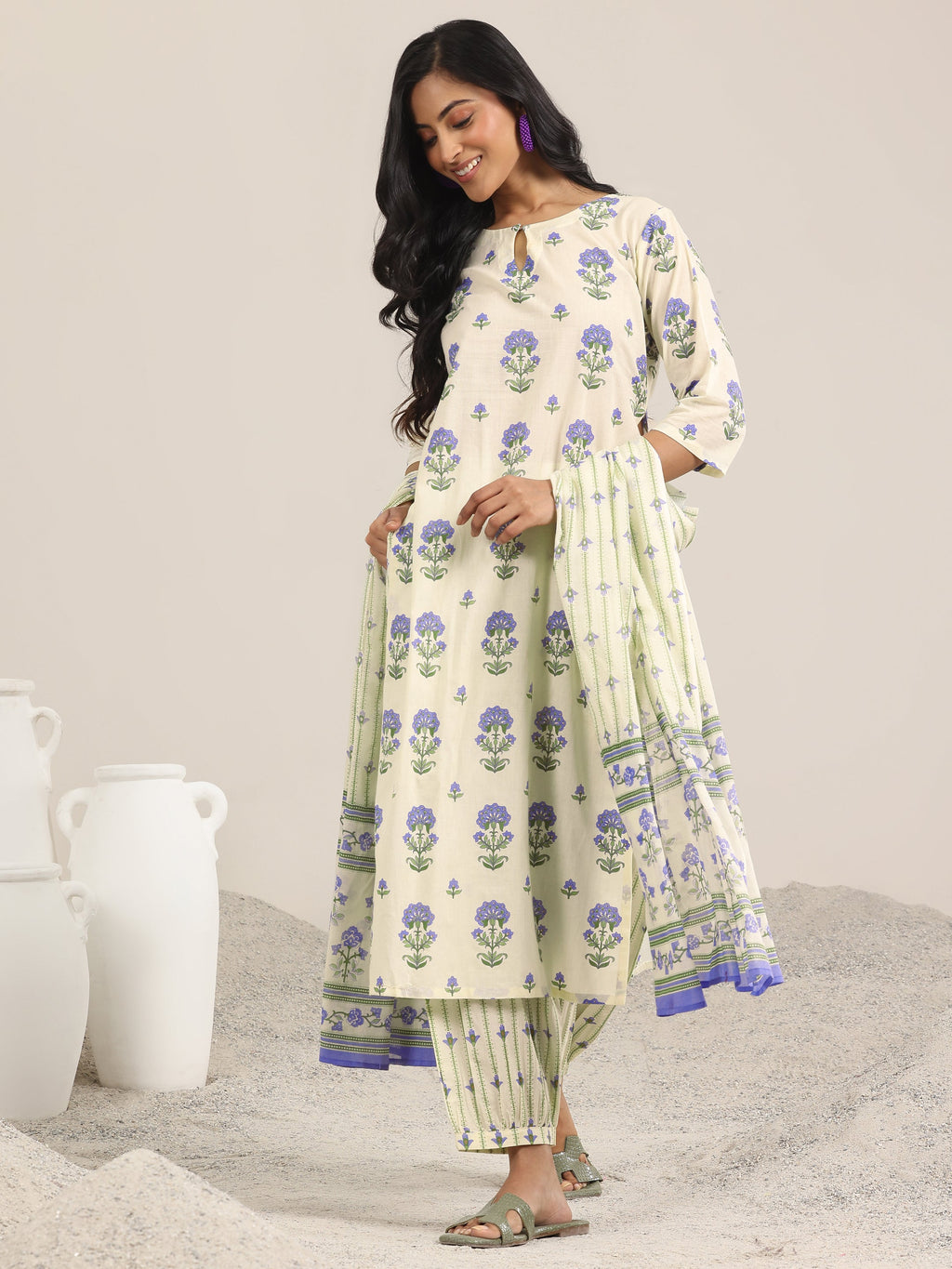 Off White Printed Cotton Straight Suit Set With Dupatta