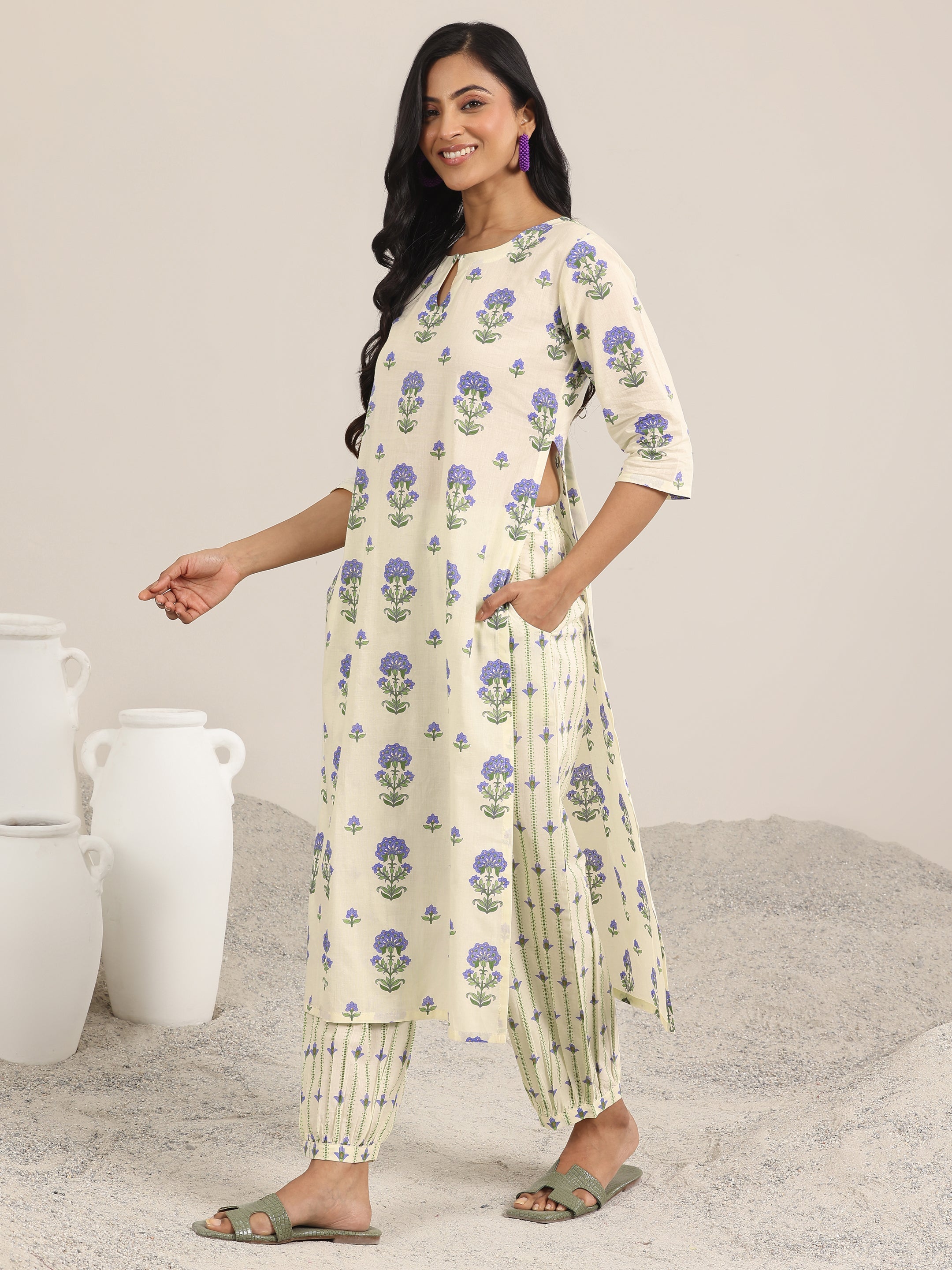 Off White Printed Cotton Straight Suit Set With Dupatta