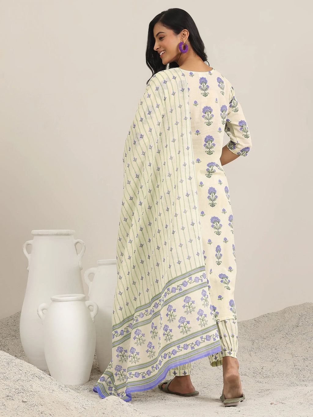 Off White Printed Cotton Straight Suit Set With Dupatta