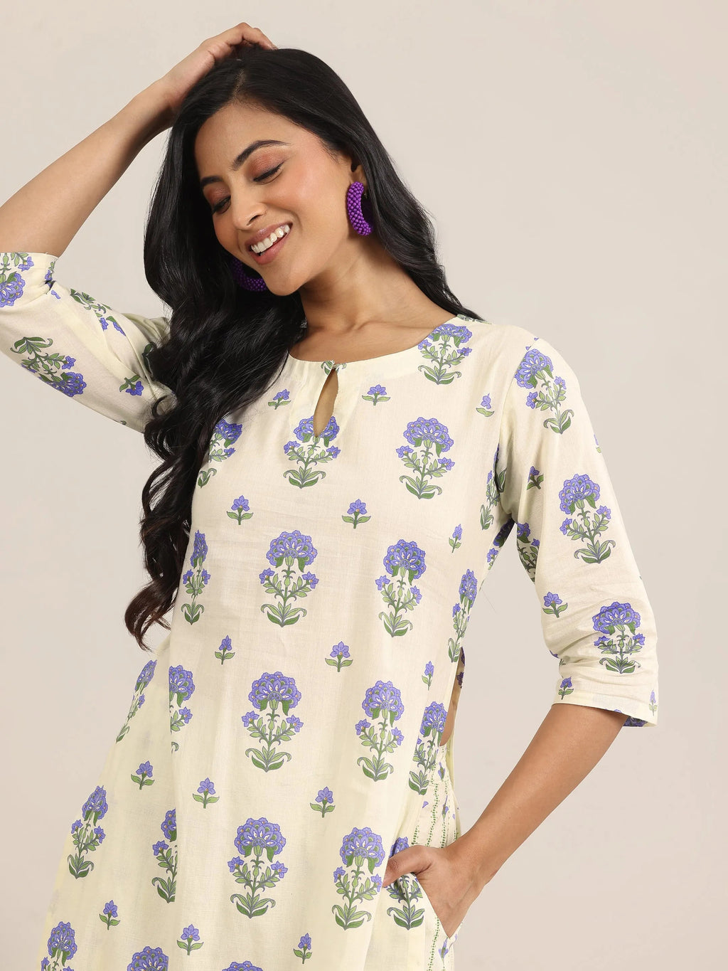 Off White Printed Cotton Straight Suit Set With Dupatta