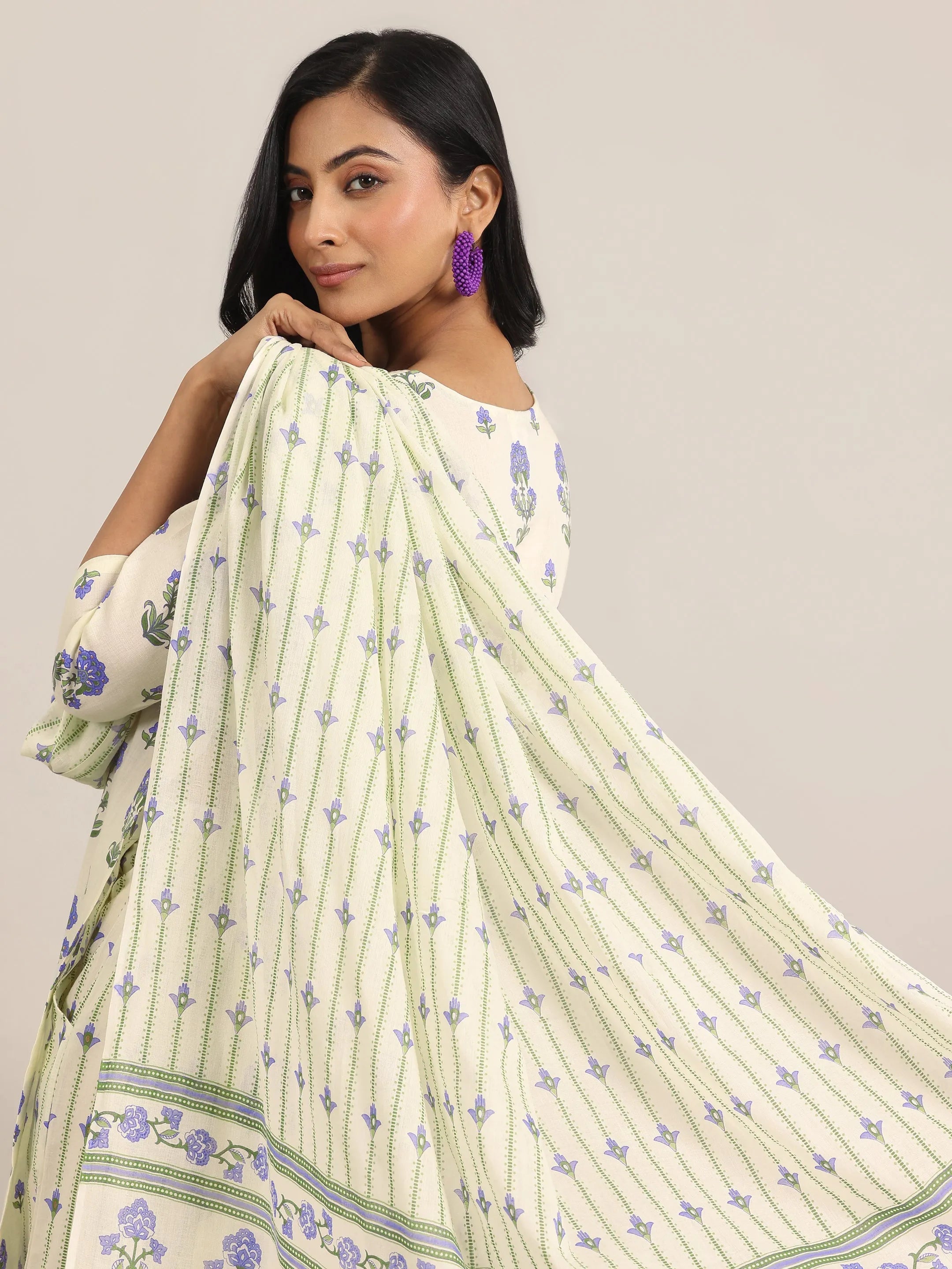 Off White Printed Cotton Straight Suit Set With Dupatta