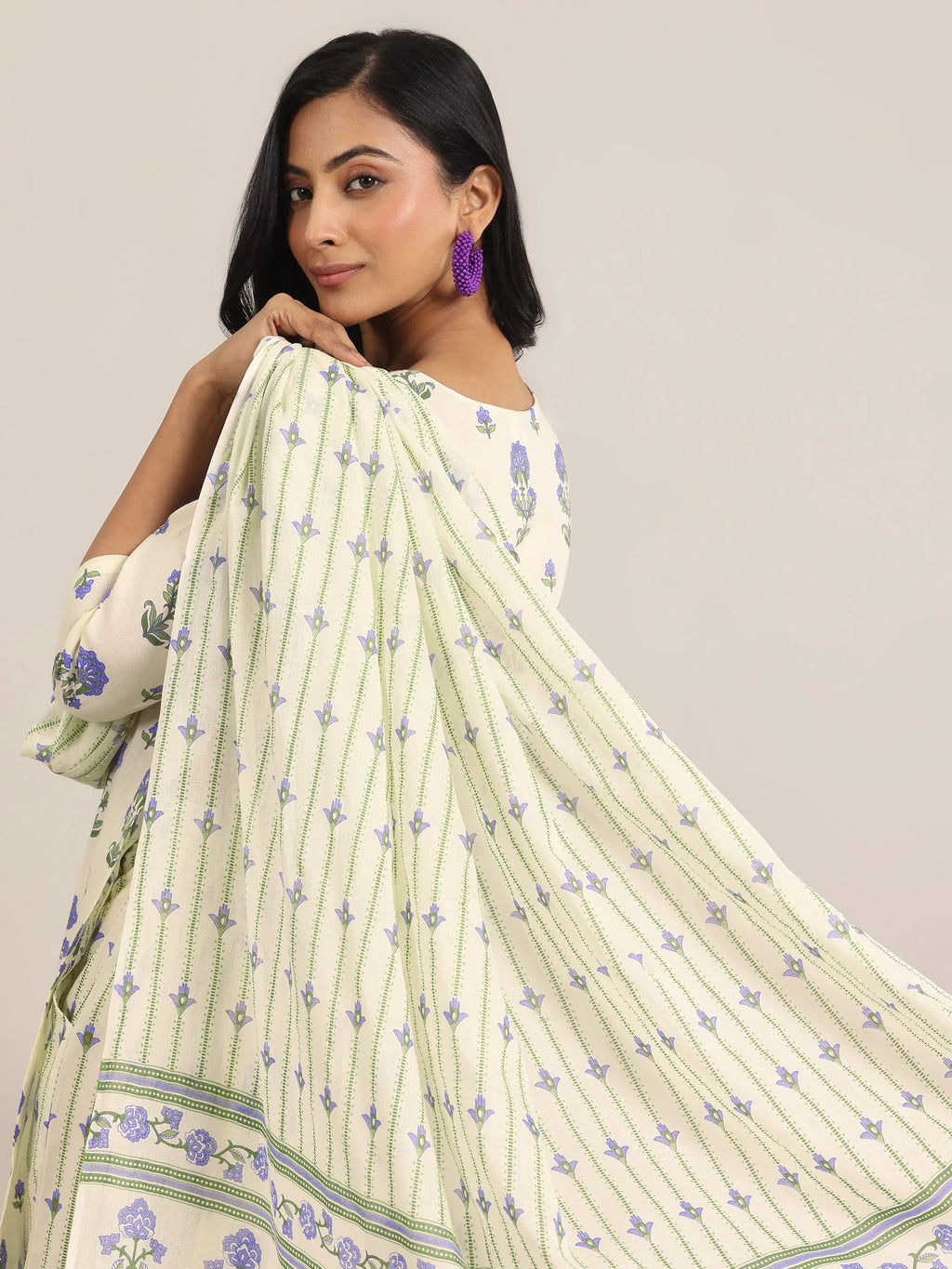 Off White Printed Cotton Straight Suit Set With Dupatta