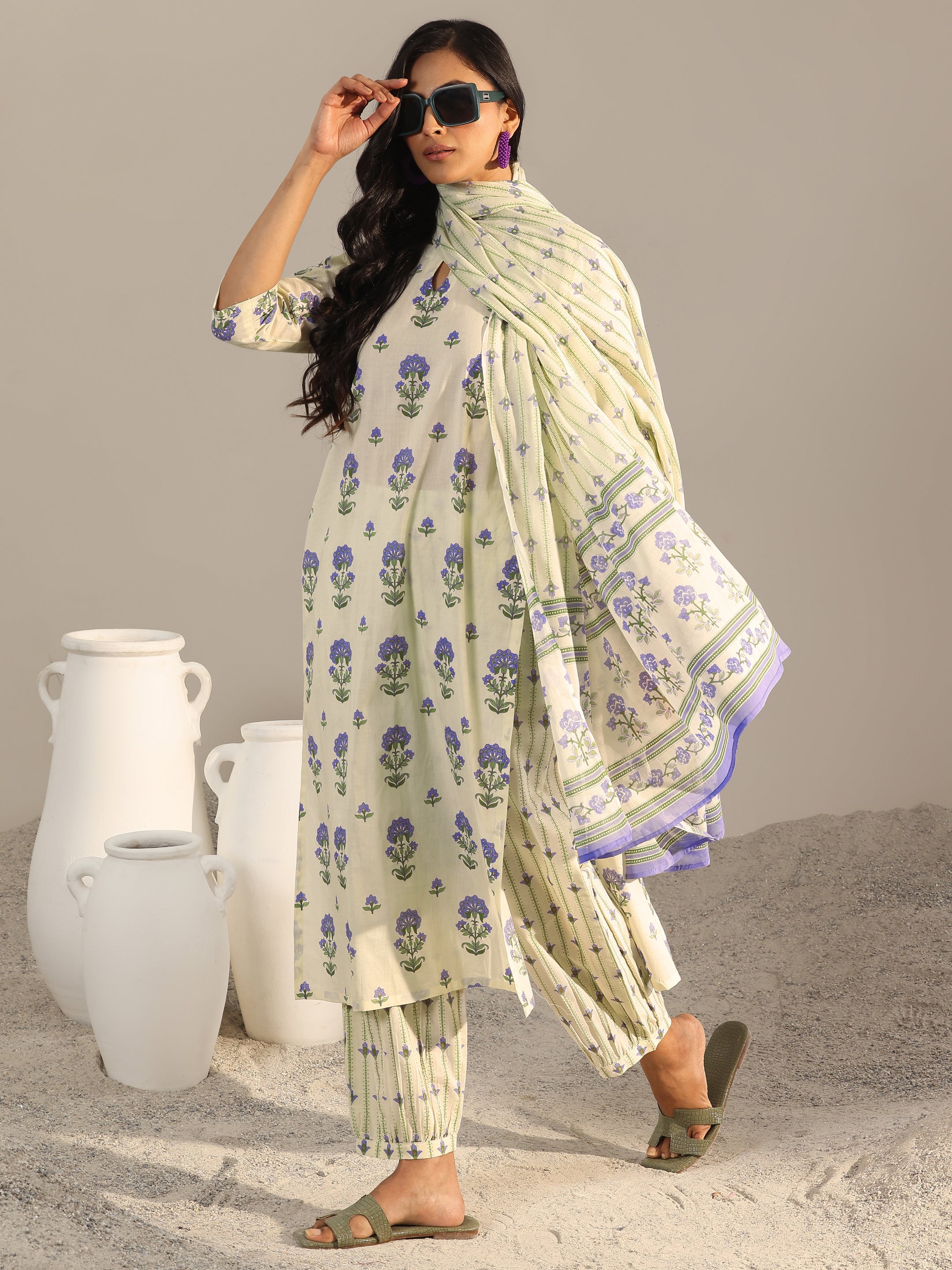 Off White Printed Cotton Straight Suit Set With Dupatta