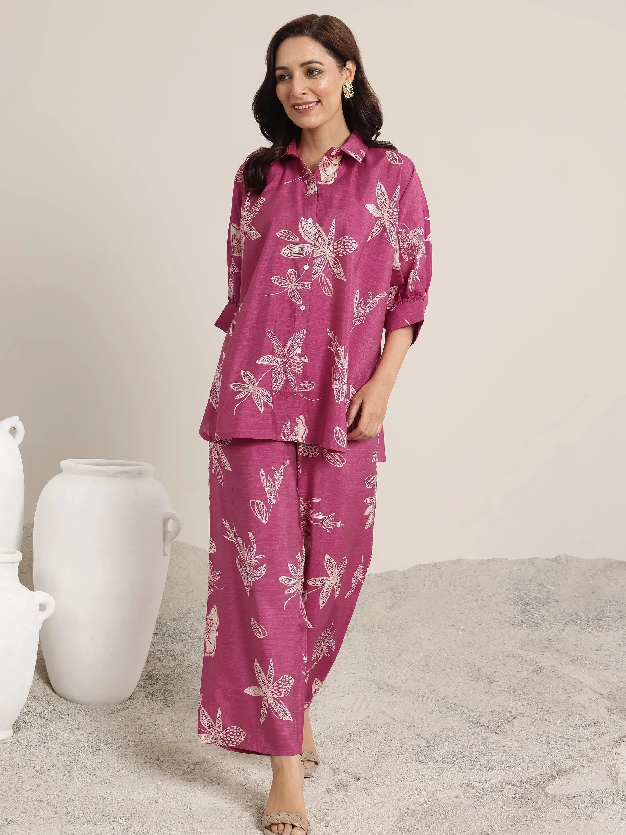 Pink Printed Silk Blend Co-Ord Sets