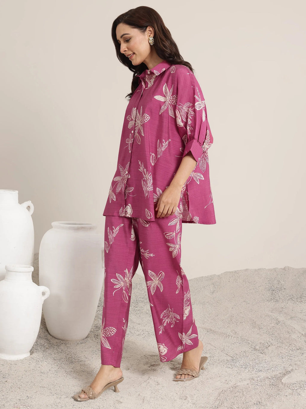 Pink Printed Silk Blend Co-Ord Sets