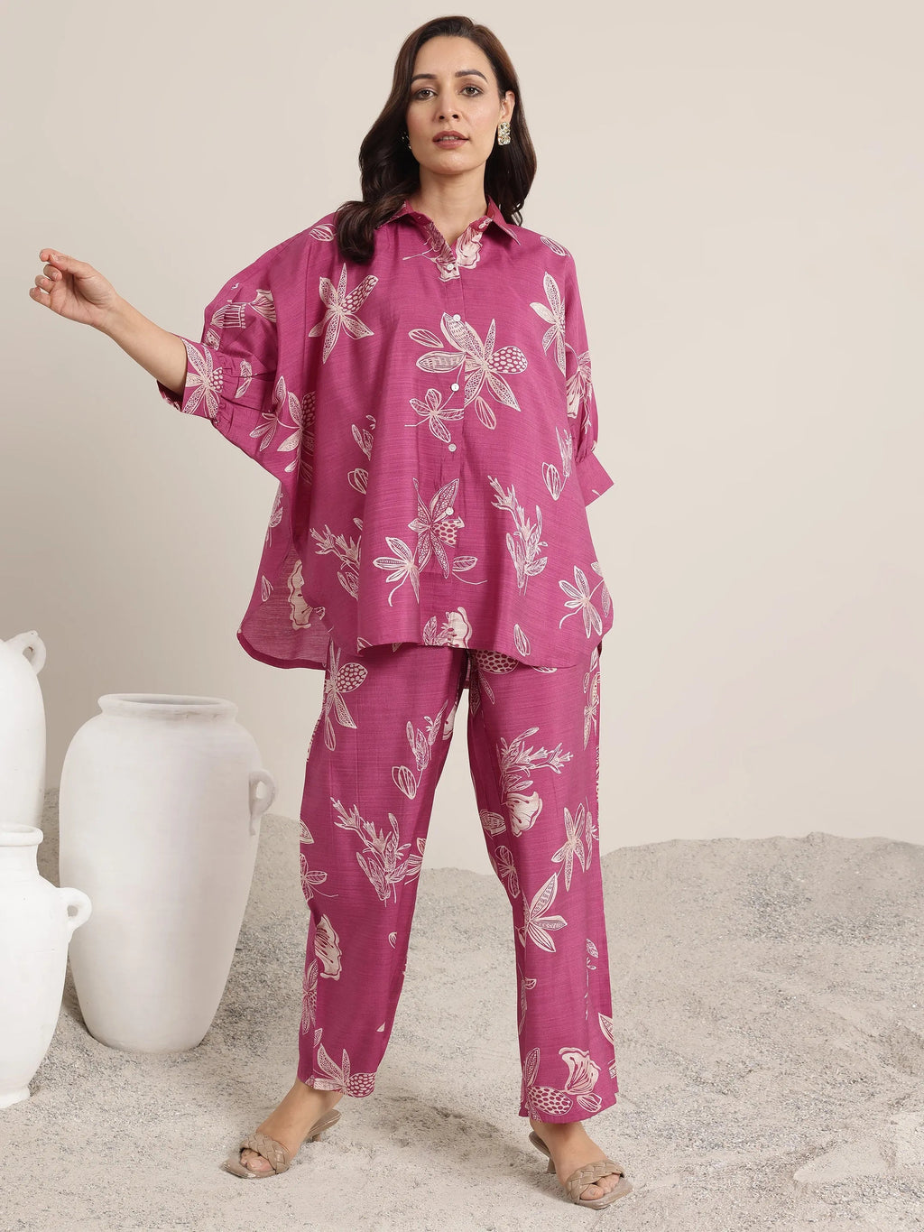 Pink Printed Silk Blend Co-Ord Sets