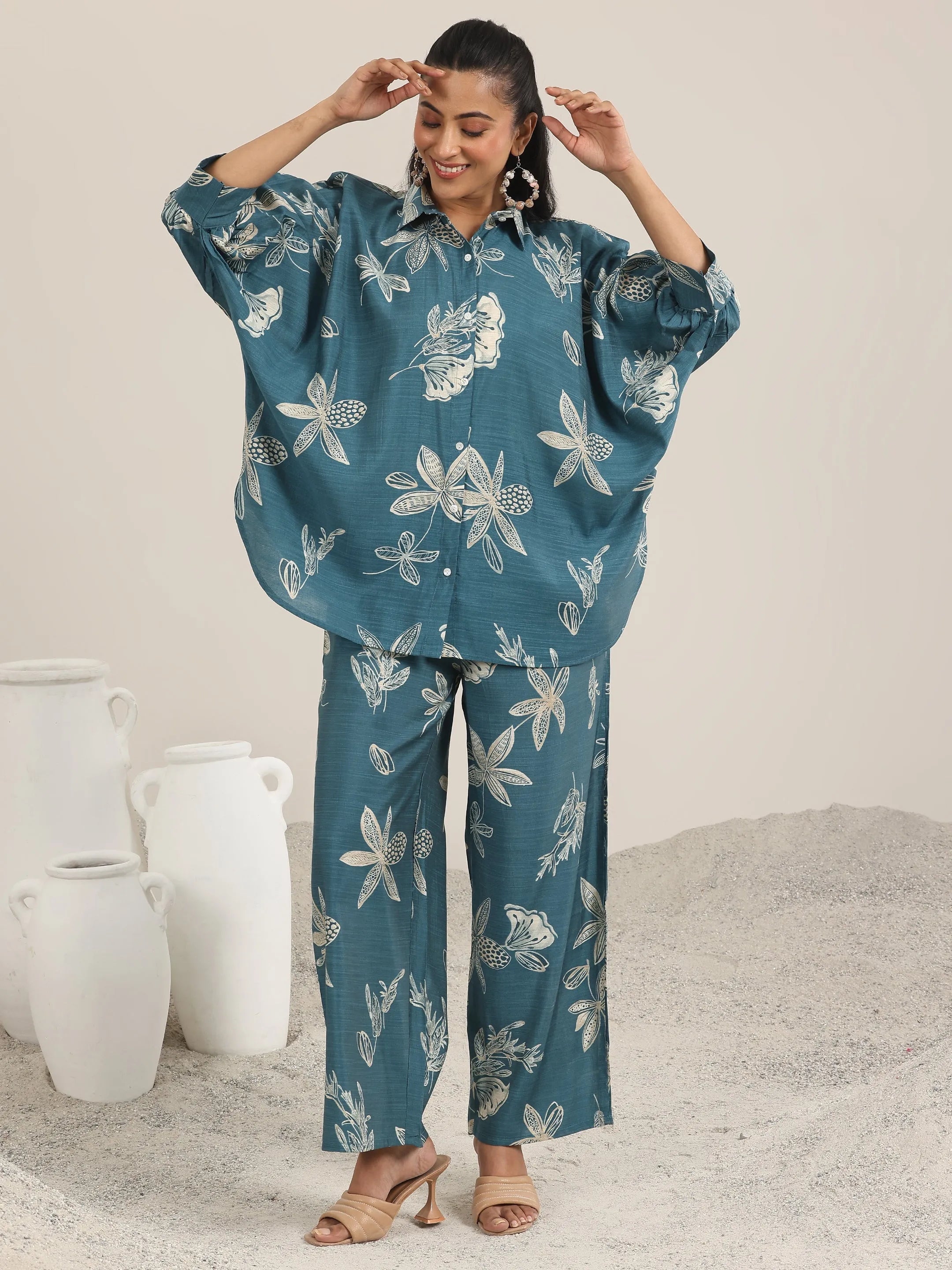 Blue Printed Silk Blend Co-Ord Sets