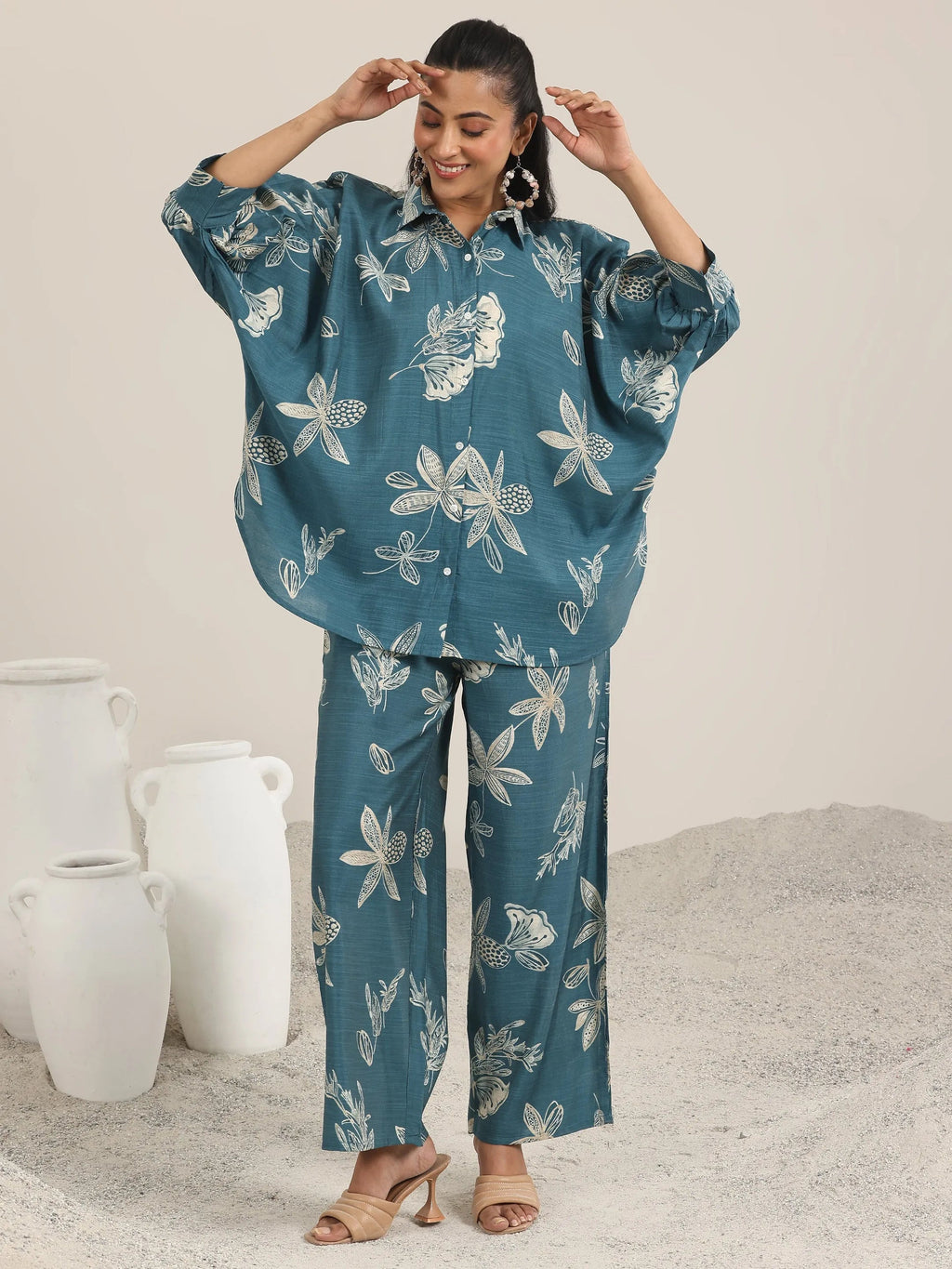 Blue Printed Silk Blend Co-Ord Sets