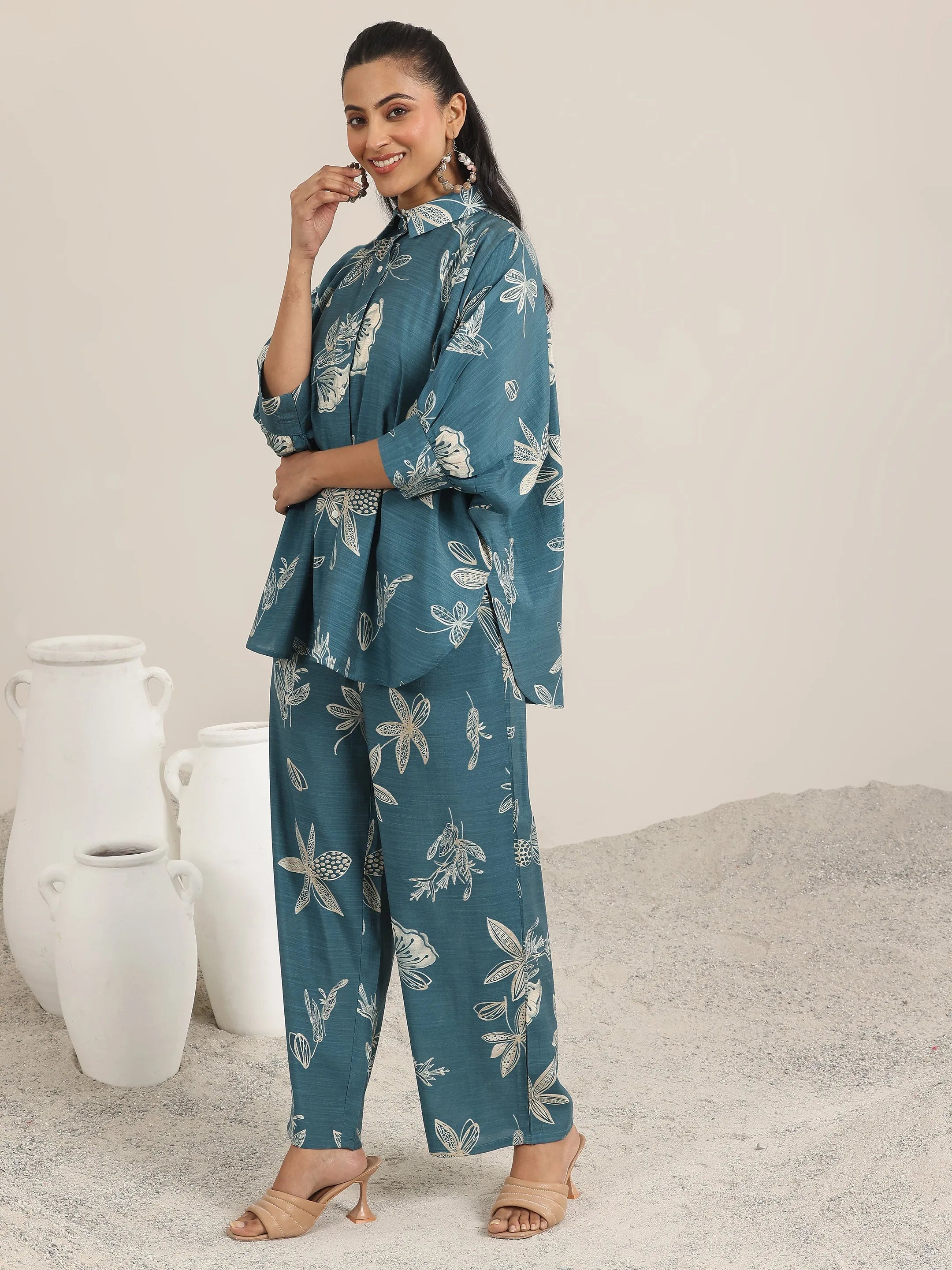 Blue Printed Silk Blend Co-Ord Sets
