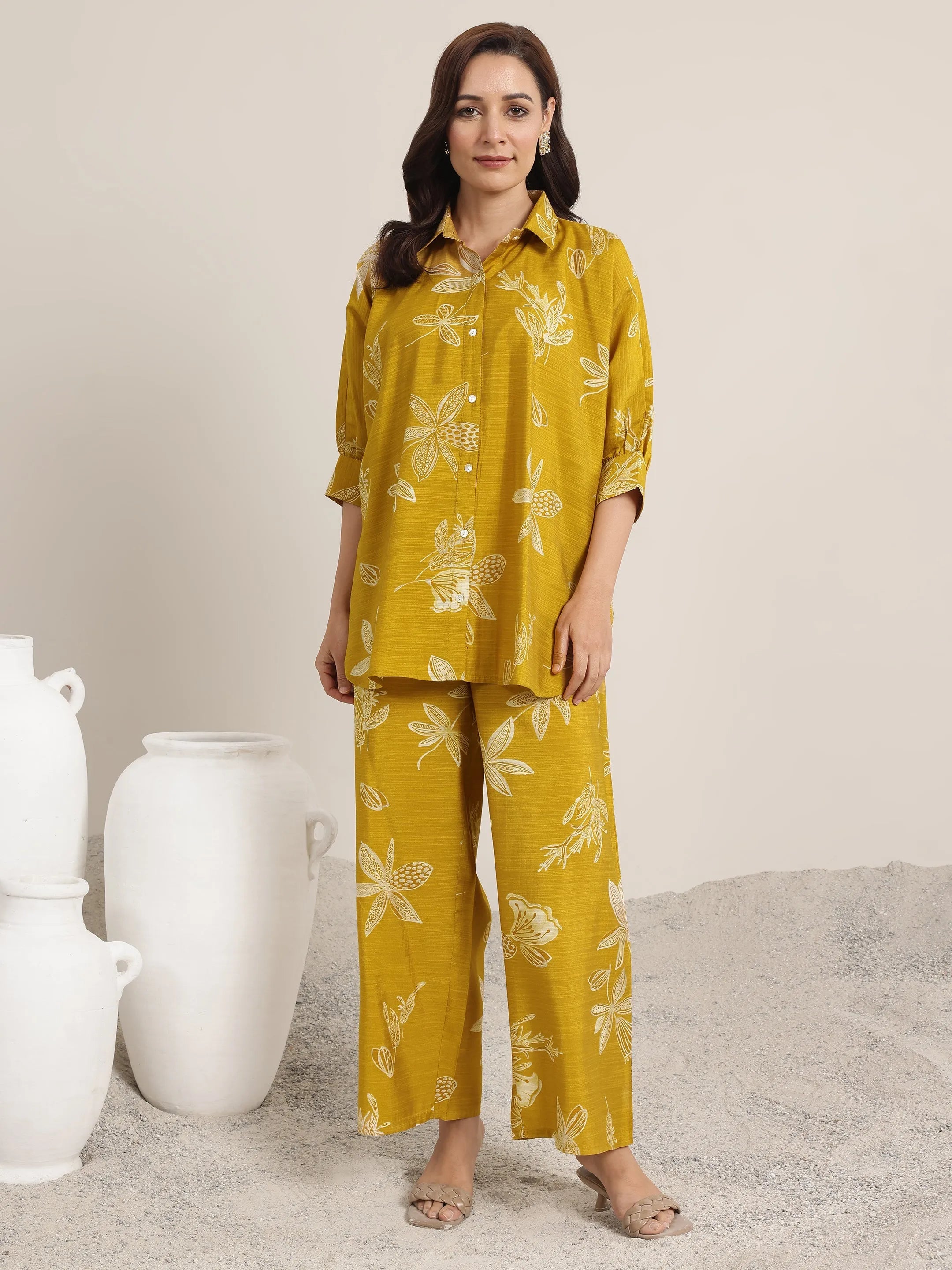 Mustard Printed Silk Blend Co-Ord Sets