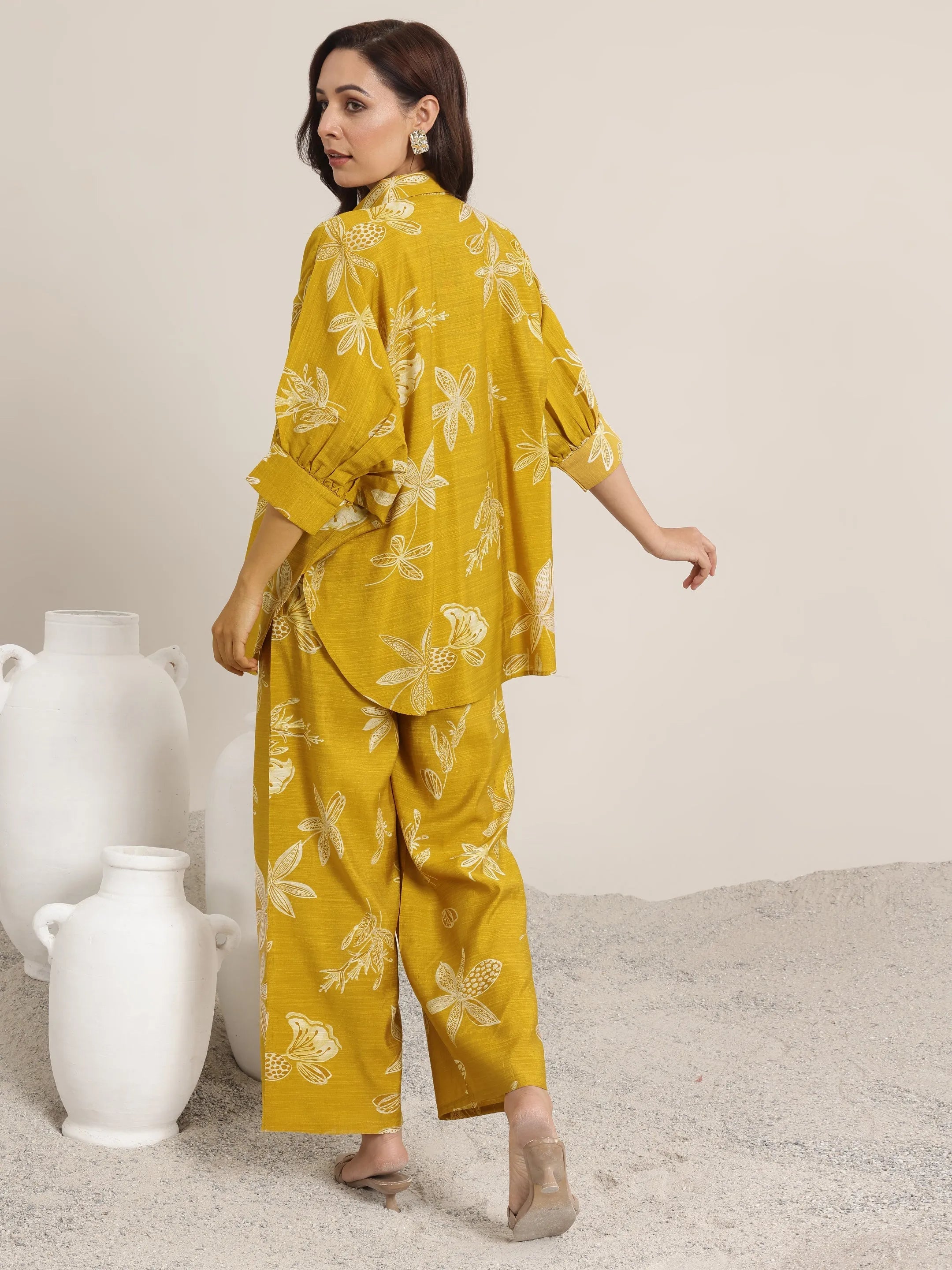 Mustard Printed Silk Blend Co-Ord Sets