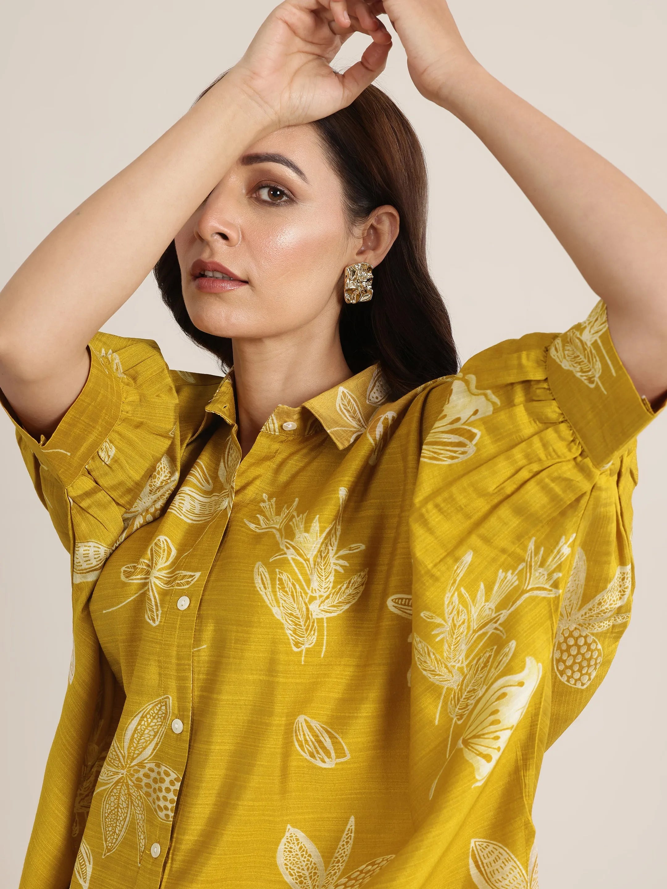 Mustard Printed Silk Blend Co-Ord Sets