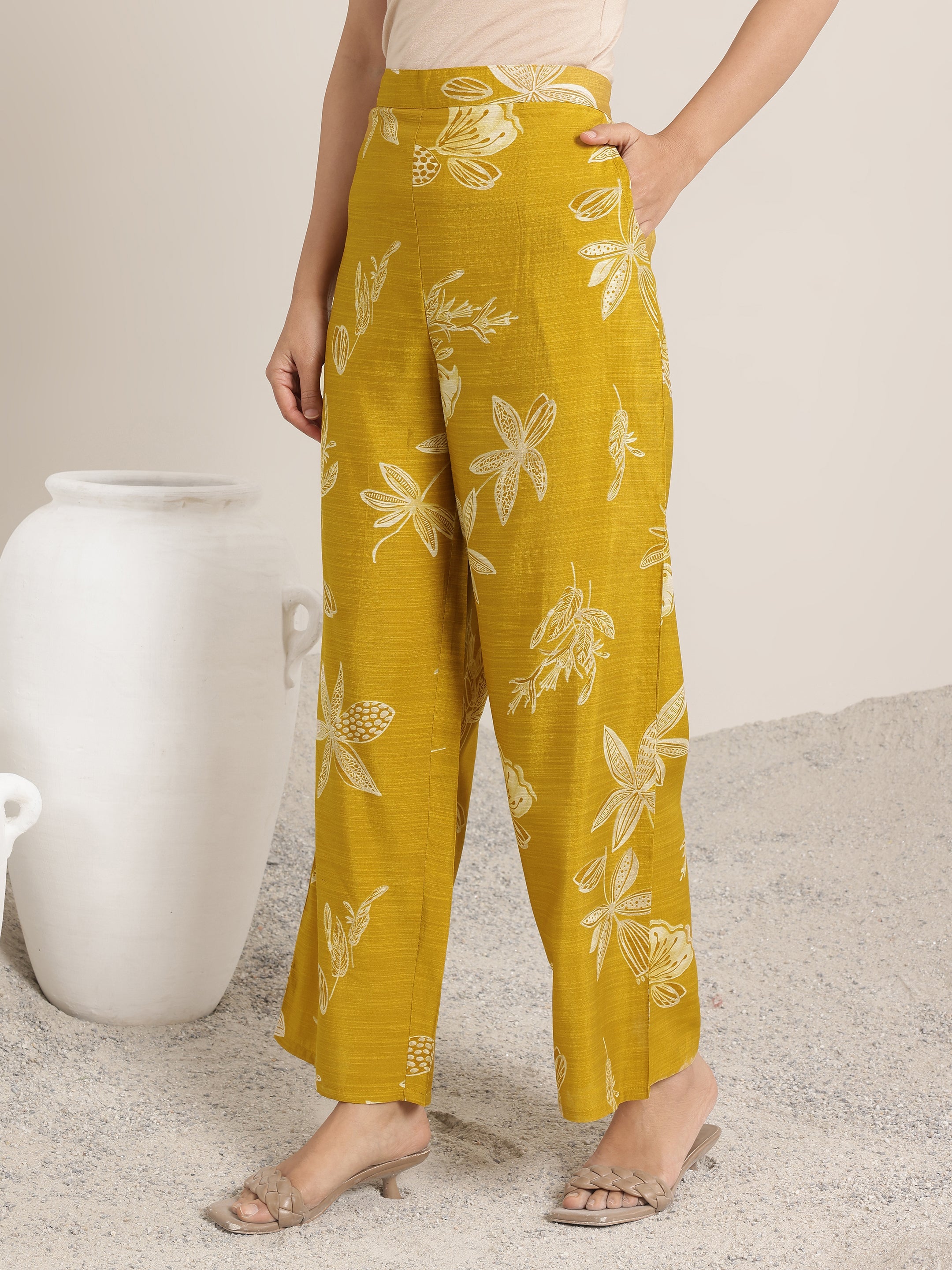 Mustard Printed Silk Blend Co-Ord Sets