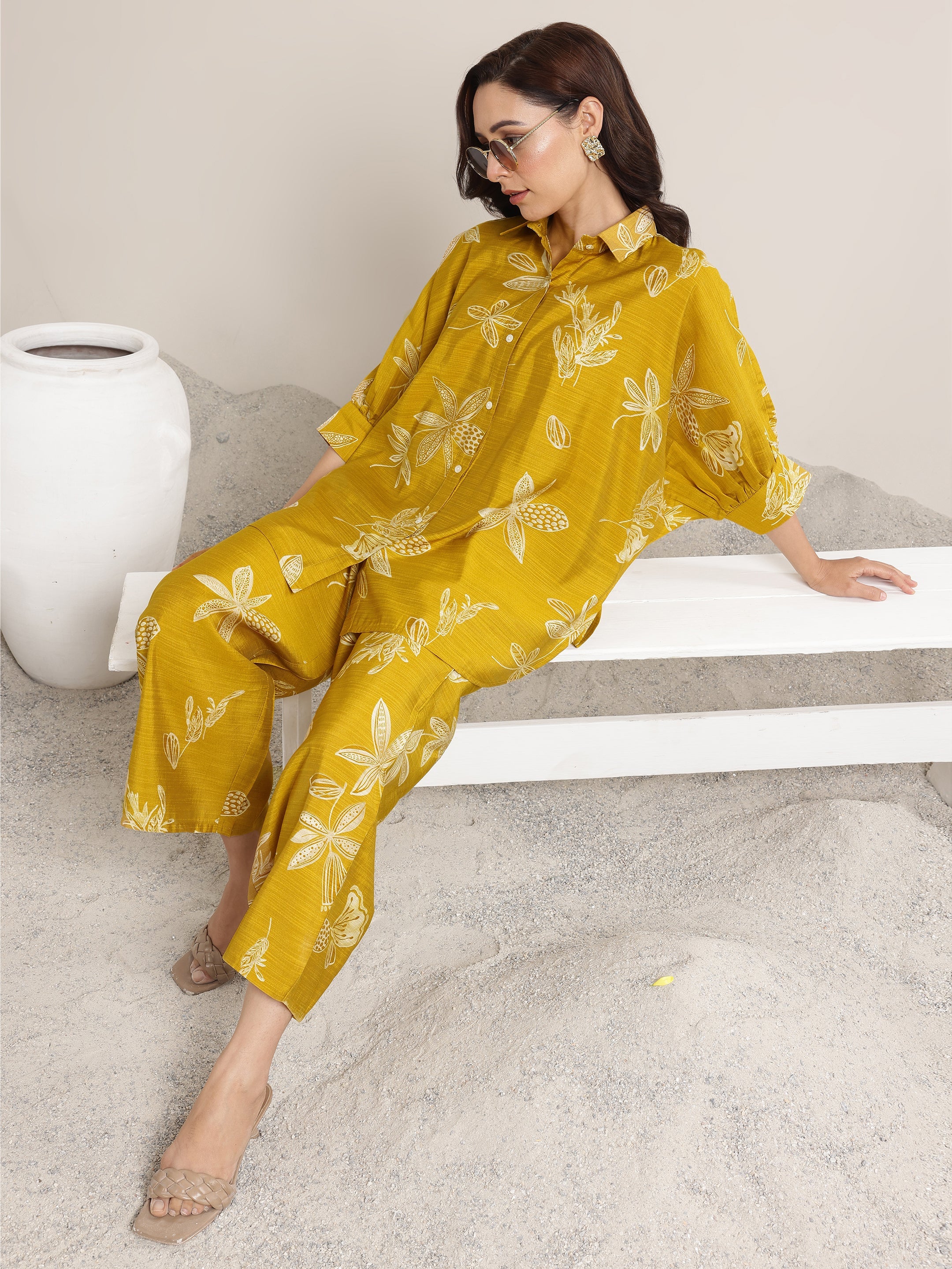Mustard Printed Silk Blend Co-Ord Sets