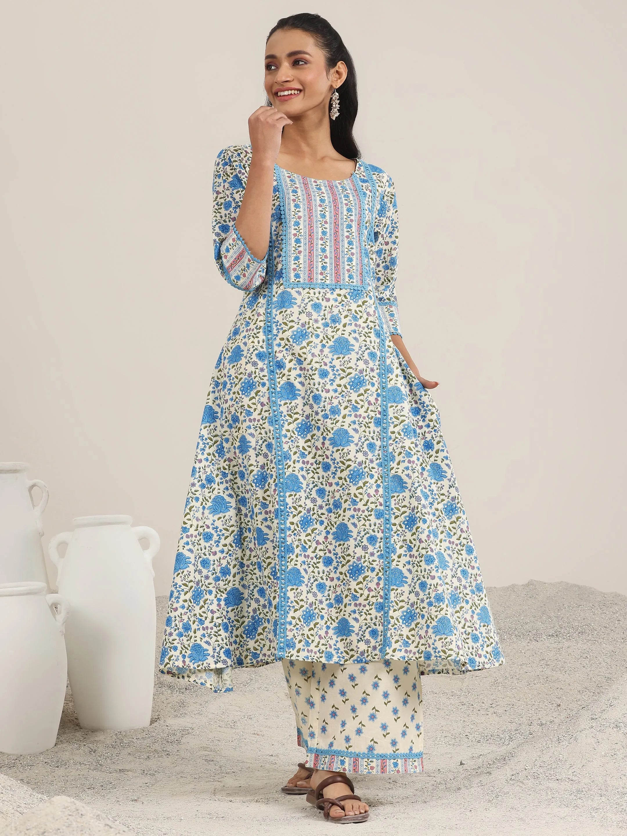 Off White Printed Cotton A-Line Kurta Set